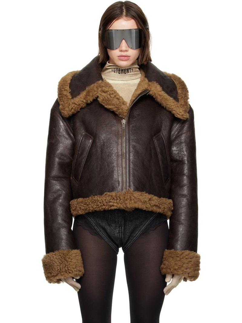 Brown Inside-Out Cropped Aviator Reversible Shearling Jacket 1