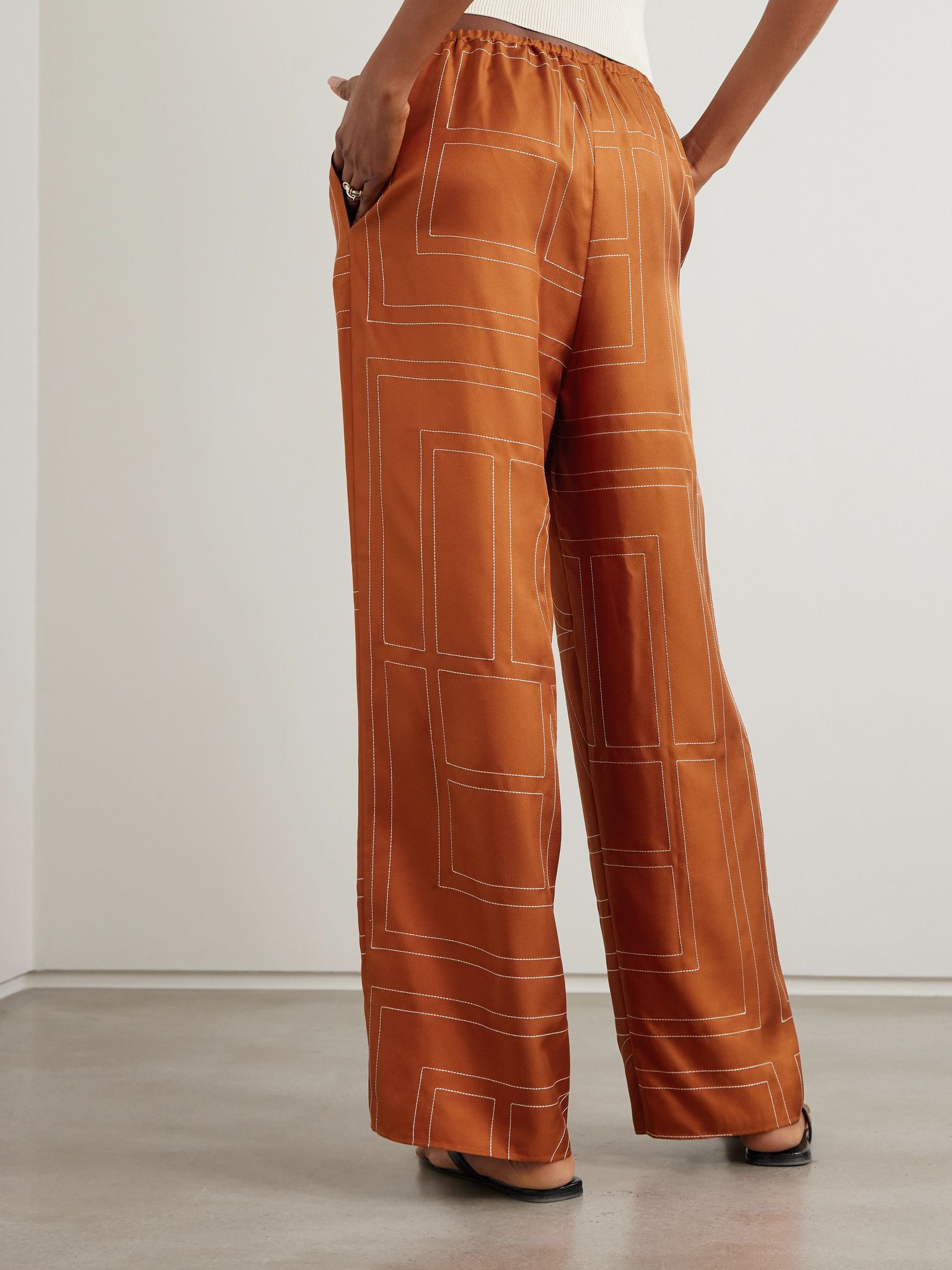 Embroidered silk-twill wide-leg pants Orange - 4