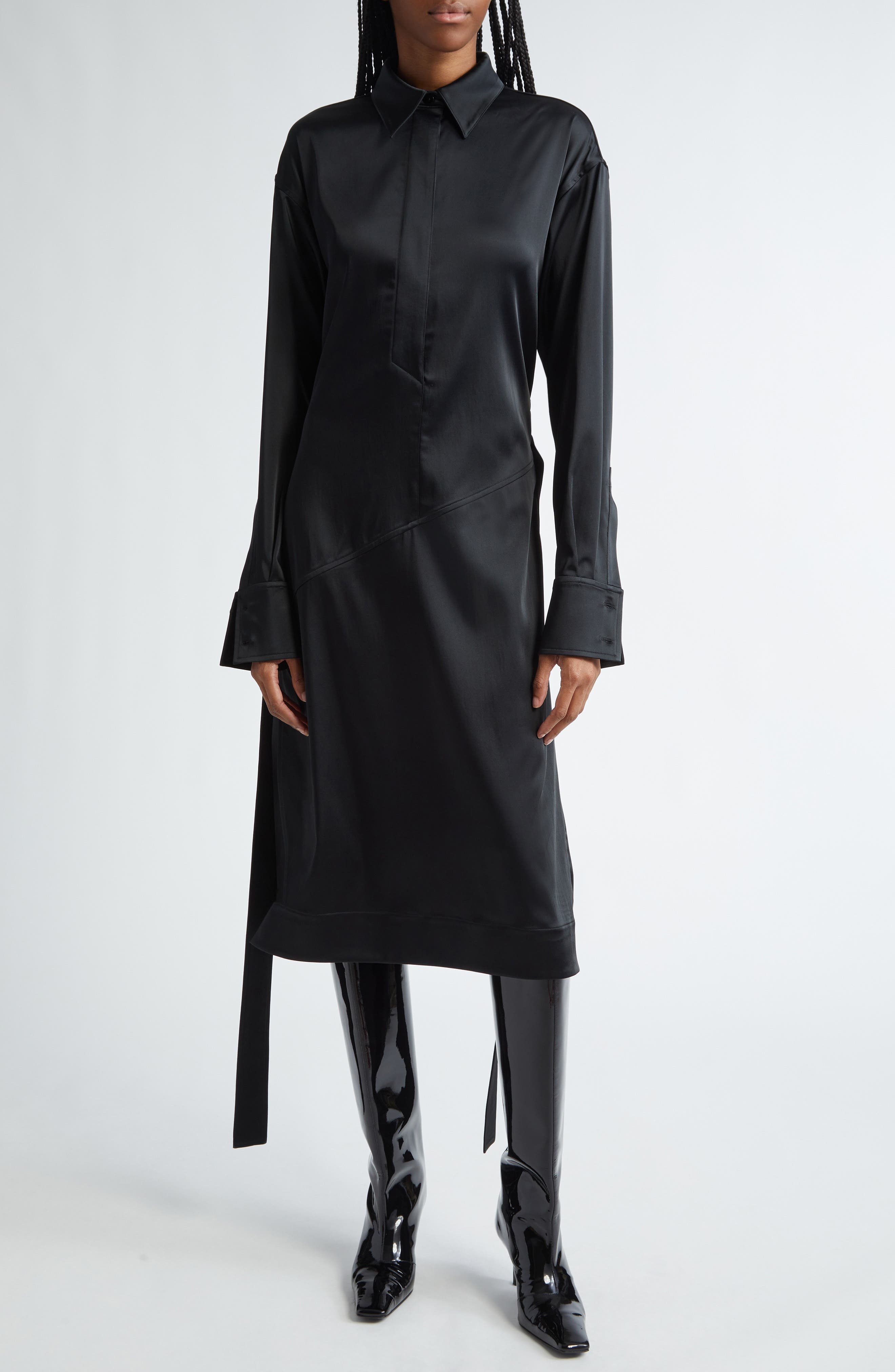 Proenza Schouler Andy Belted Long Sleeve Satin Shirtdress in Black at Nordstrom - 1