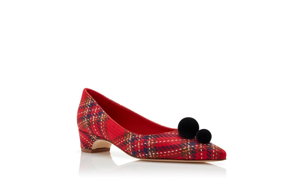 Red Wool Tartan Pom Pom Detail Pumps - 3