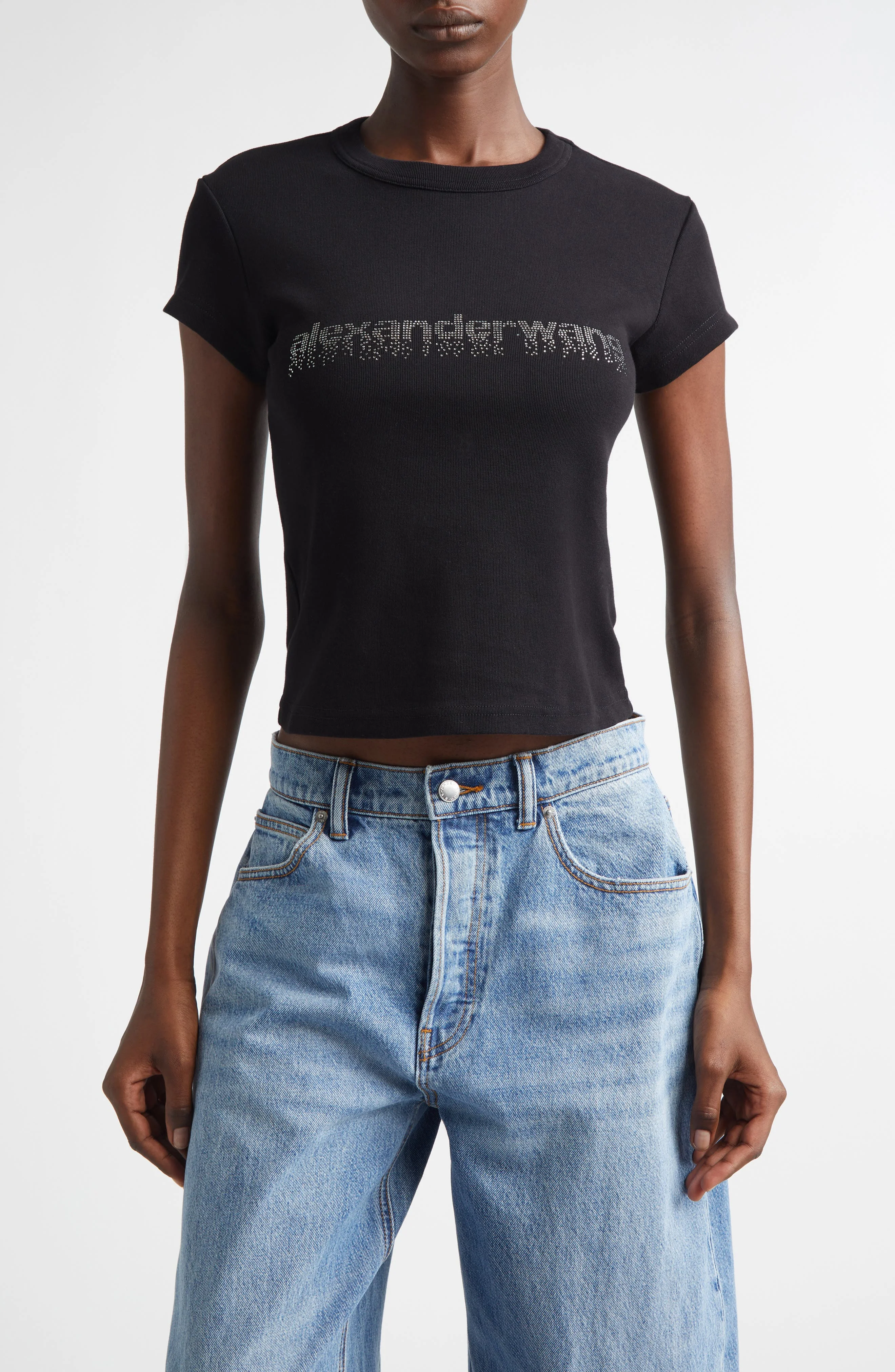 Alexander Wang Hotfix Crystal Logo Baby Tee in Black at Nordstrom - 1