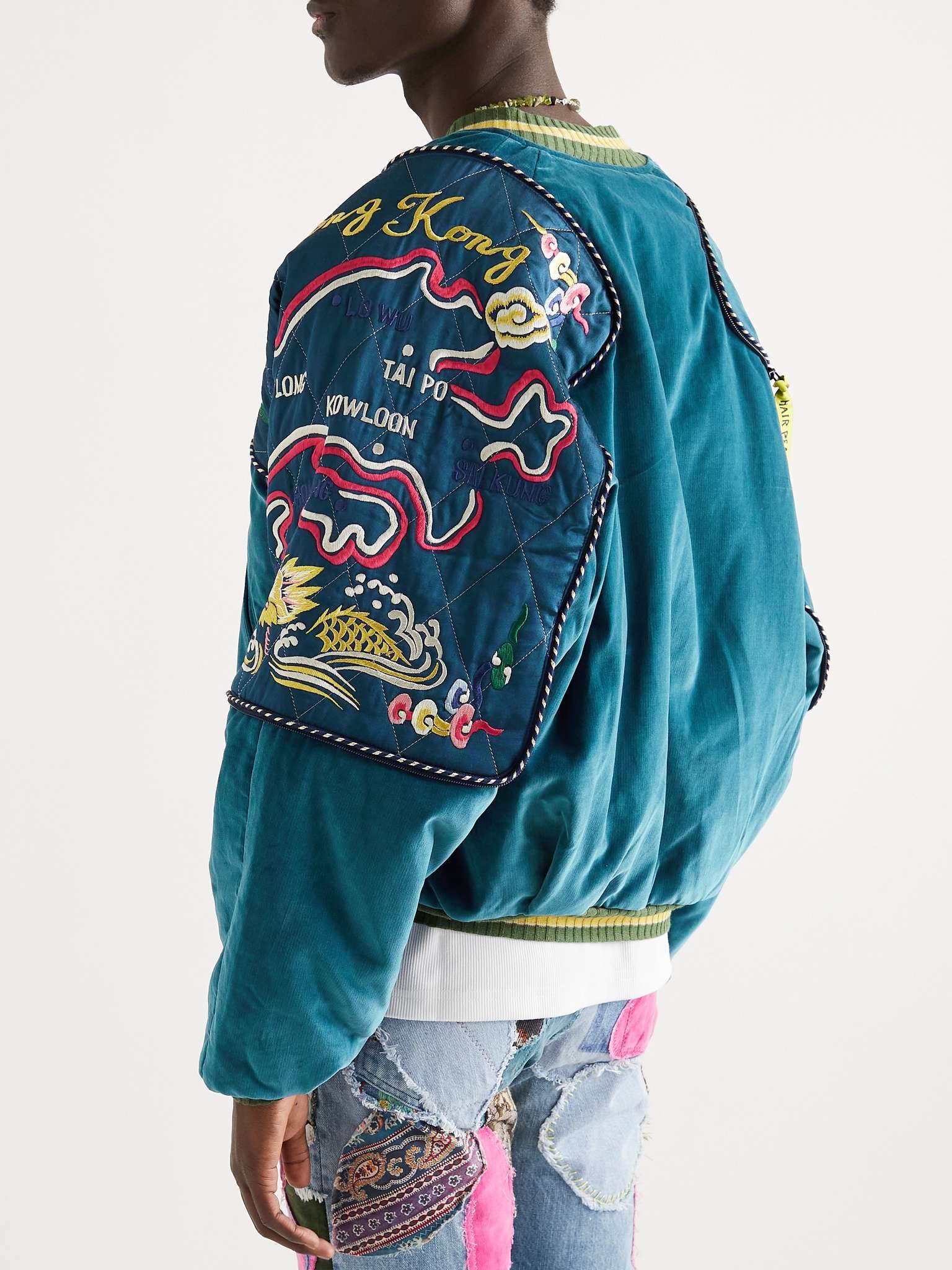 Embroidered Padded Cotton-Velvet and Satin Bomber Jacket