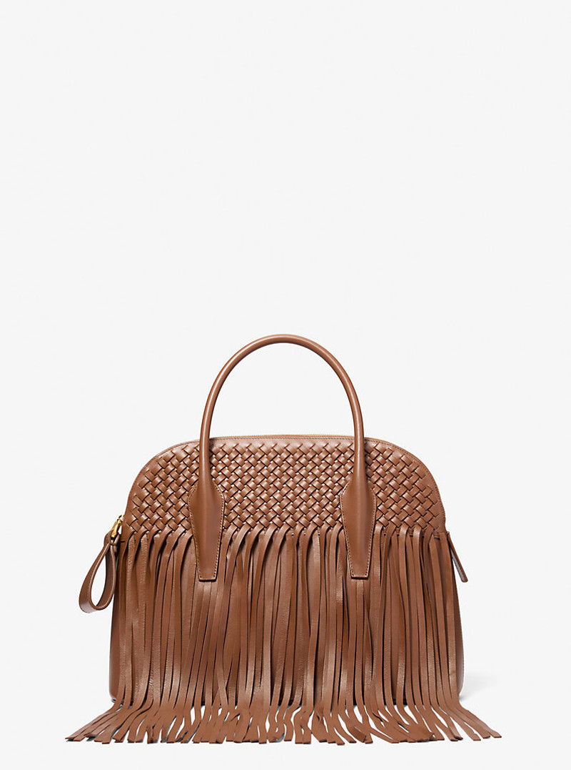 Kaitlin Large Fringed Woven Leather Dome Satchel 1