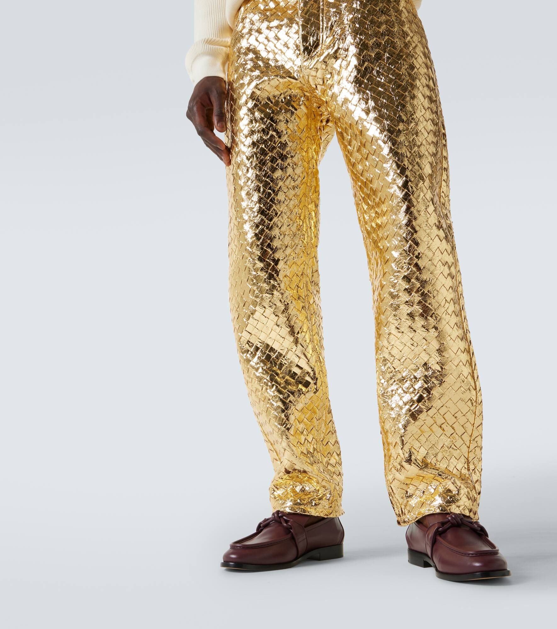Intrecciato metallic leather straight pants - 6