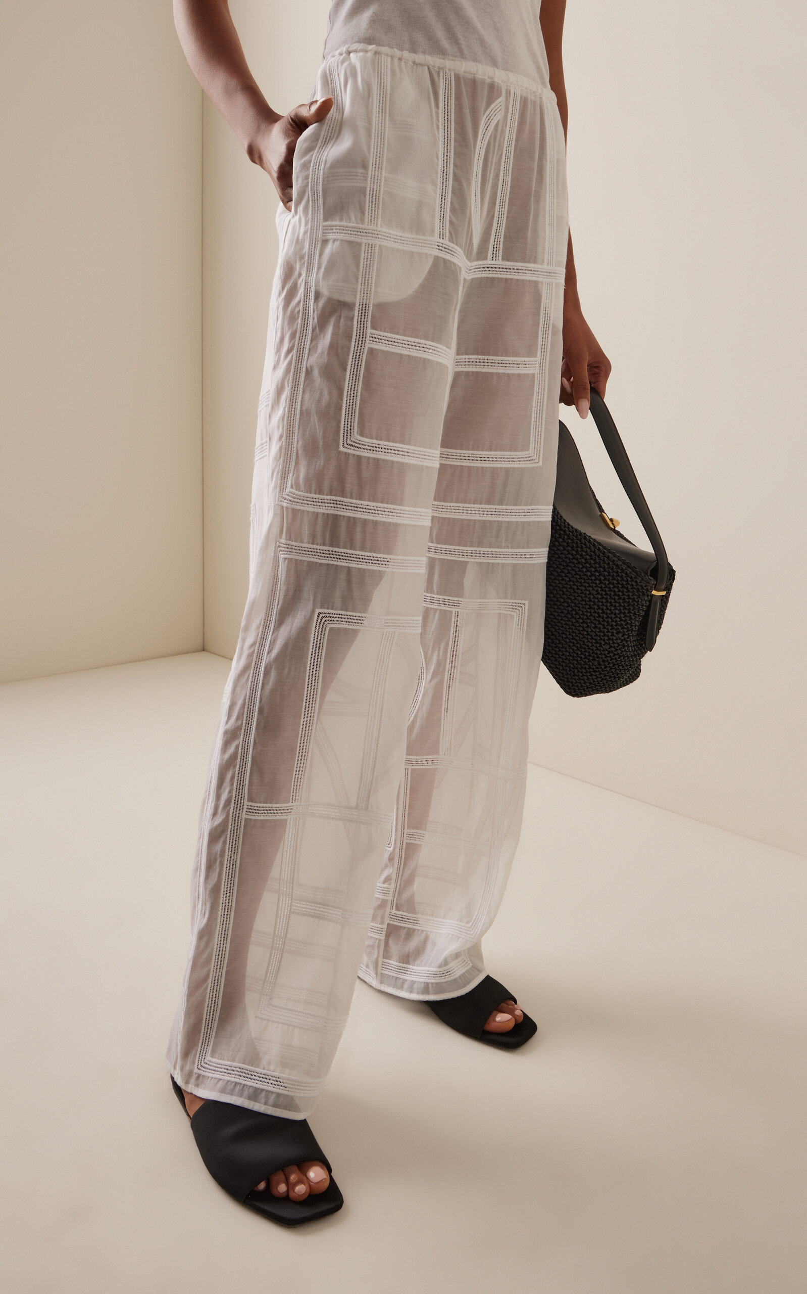 Embroidered Cotton-Silk Wide-Leg Pants white - 3