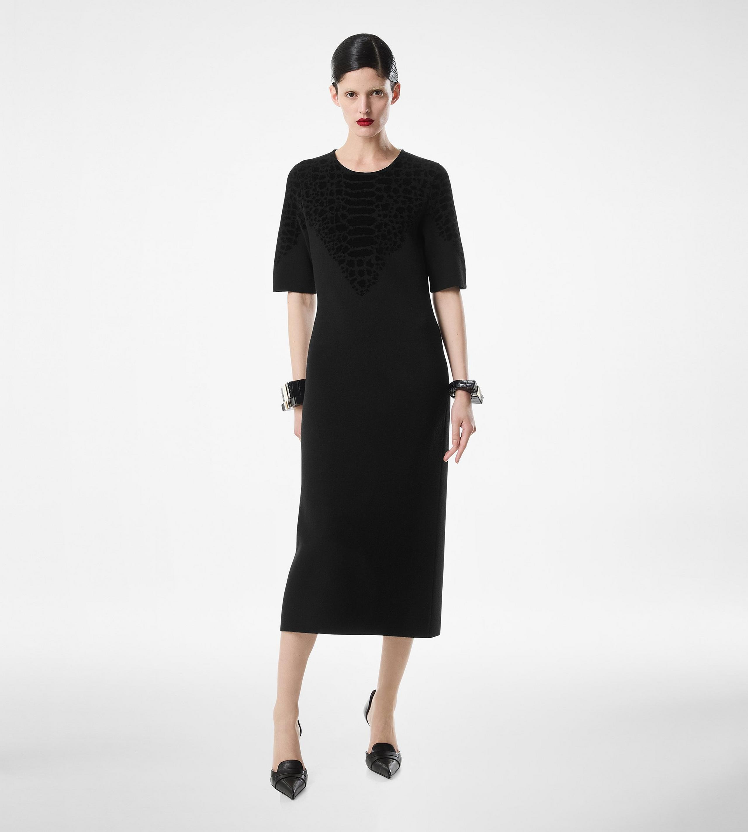 SILK CHENILLE EMBOSSED PYTHON CREWNECK DRESS - 4
