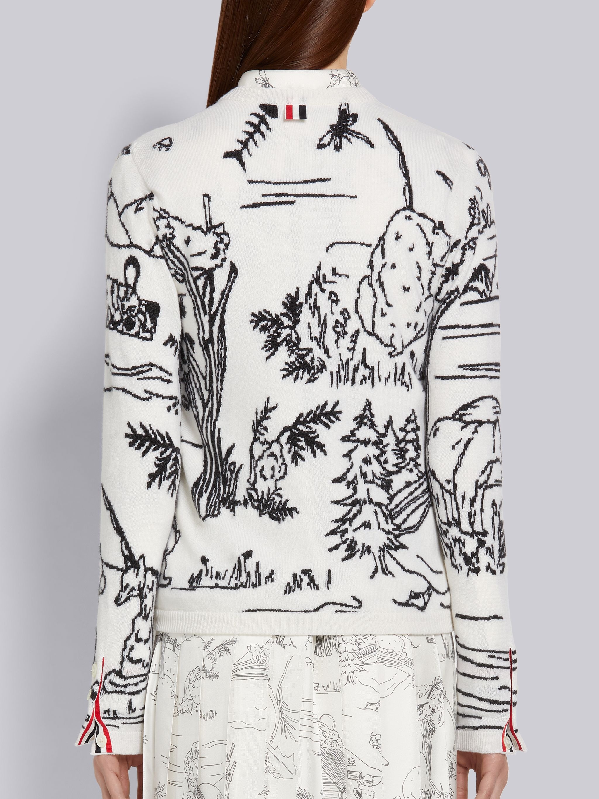 White Animal Camp Toile Intarsia Cashmere Crew Neck Cardigan Jacket - 3