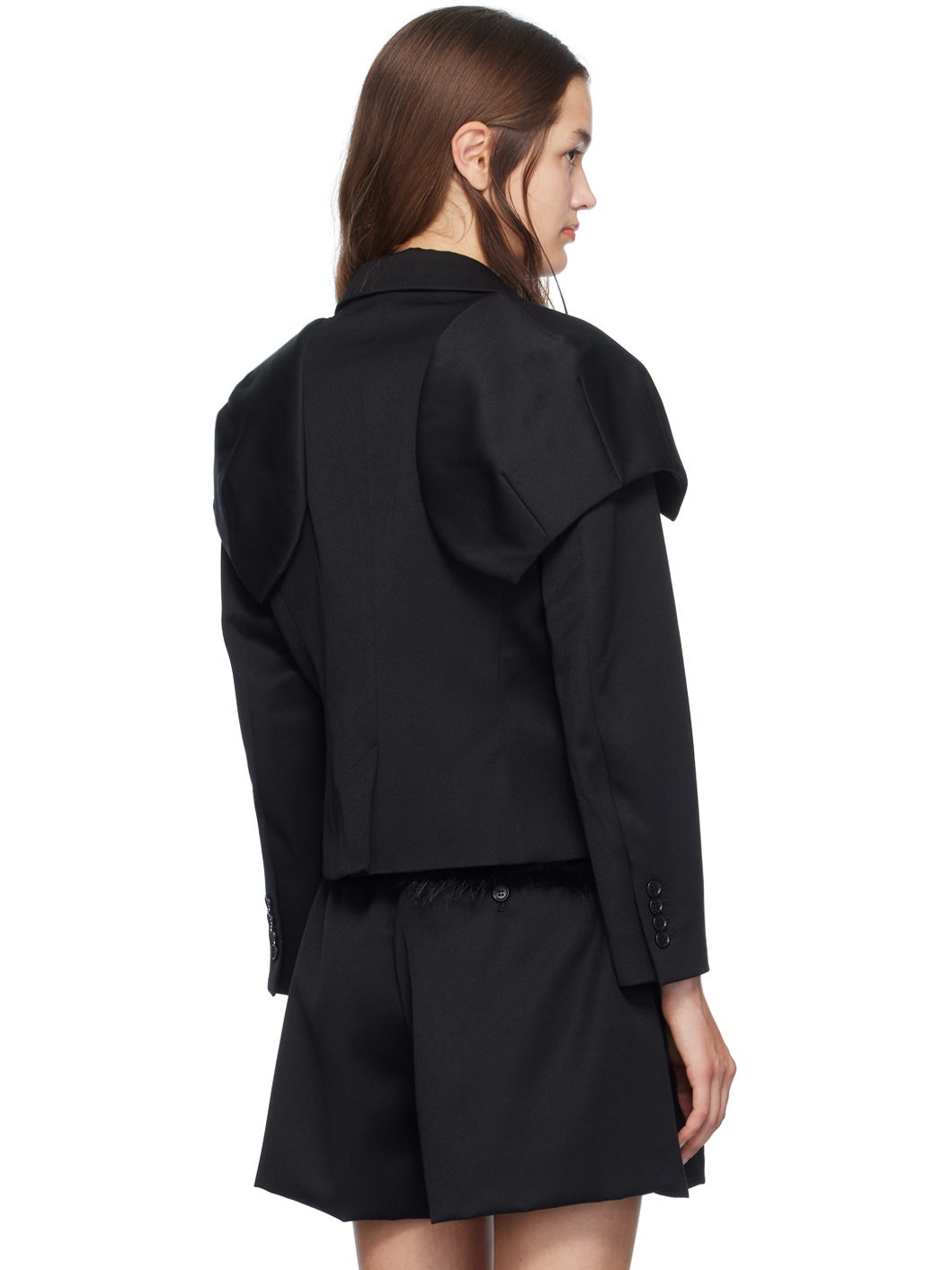Black Embroidered Bust Fitted Cap Blazer - 3