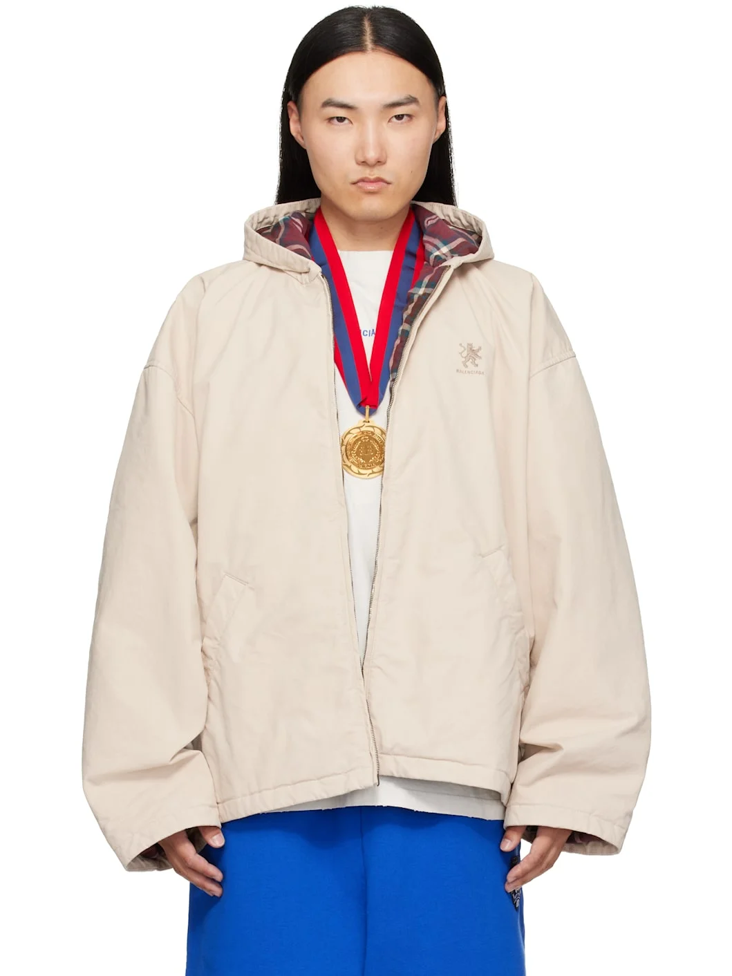 Beige Hooded Zip Up Jacket - 1