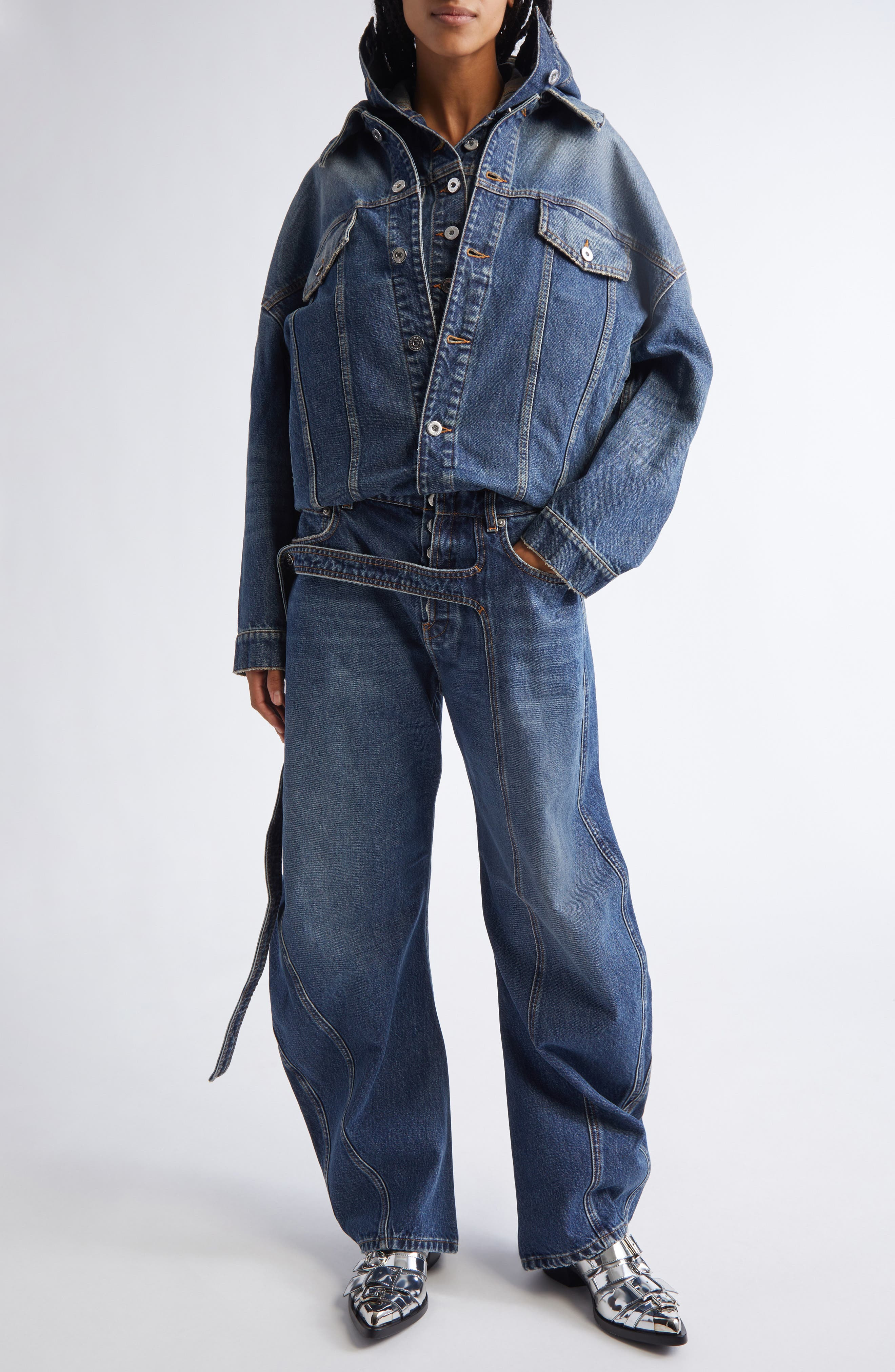 Jean Paul Gaultier Hooded Double Layer Denim Jacket in Vintage Blue at Nordstrom - 2