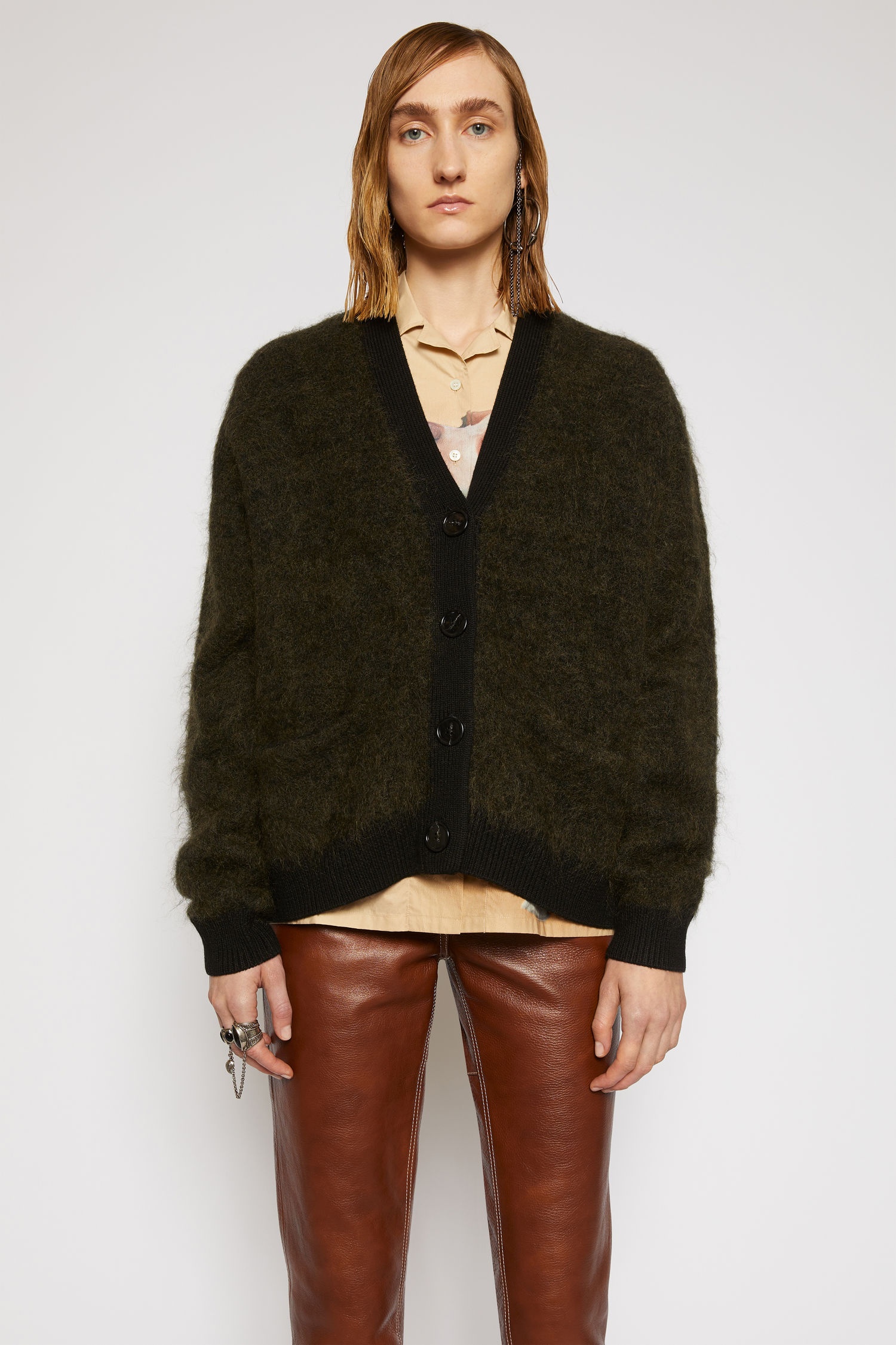 Brushed mohair-blend cardigan black/olive - 2