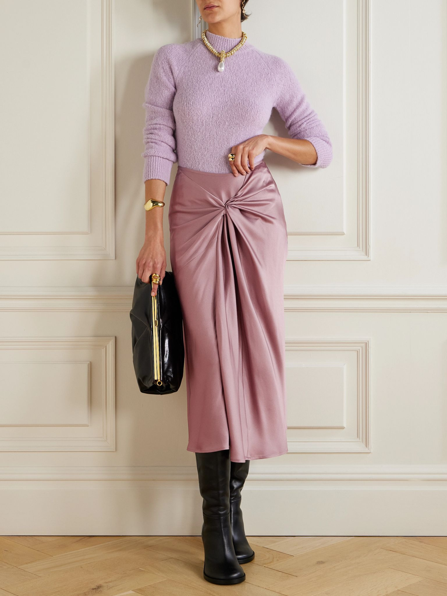 Twist-front satin-crepe midi skirt Pink - 2