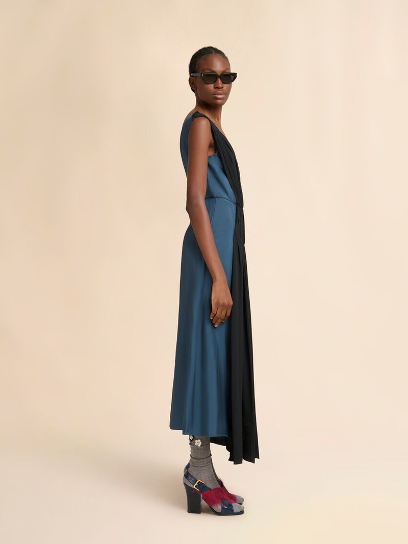 TURQUOISE TWILL DRESS WITH ASYMMETRIC DRAPING 6