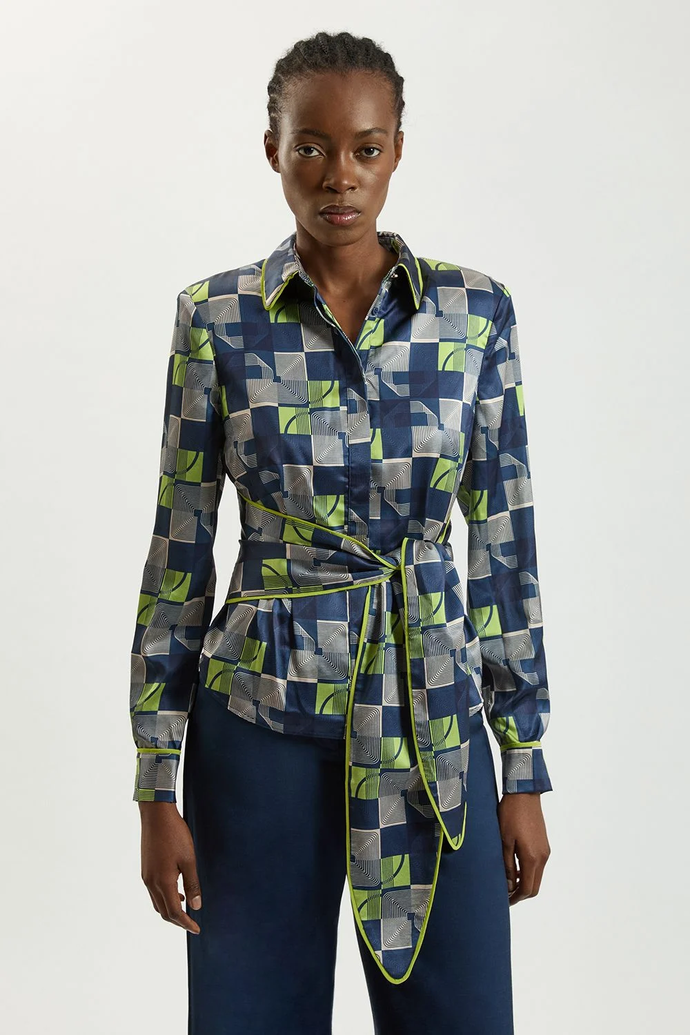 Petite Geo Print Hammered Satin Tie Waist Woven Shirt - 1