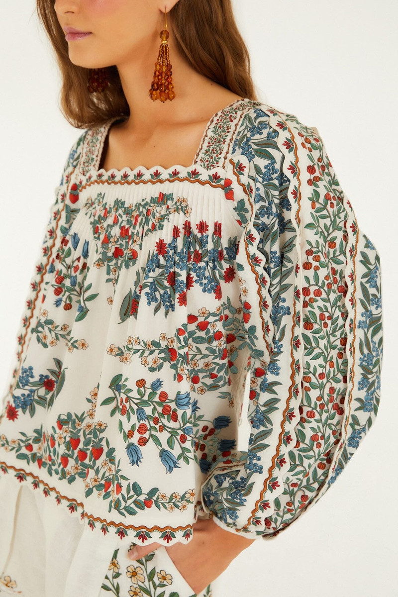 FARM RIO Off-White Fruit Beauty Scarf Organic Cotton Long Sleeve Blouse outlook