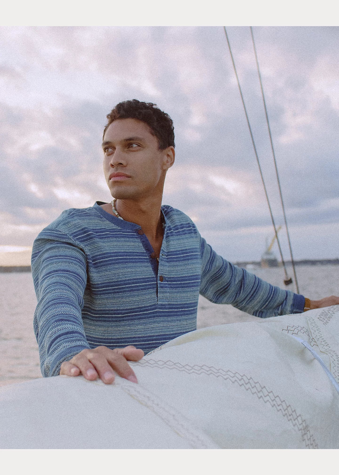 Indigo Striped Jacquard Henley Shirt - 6