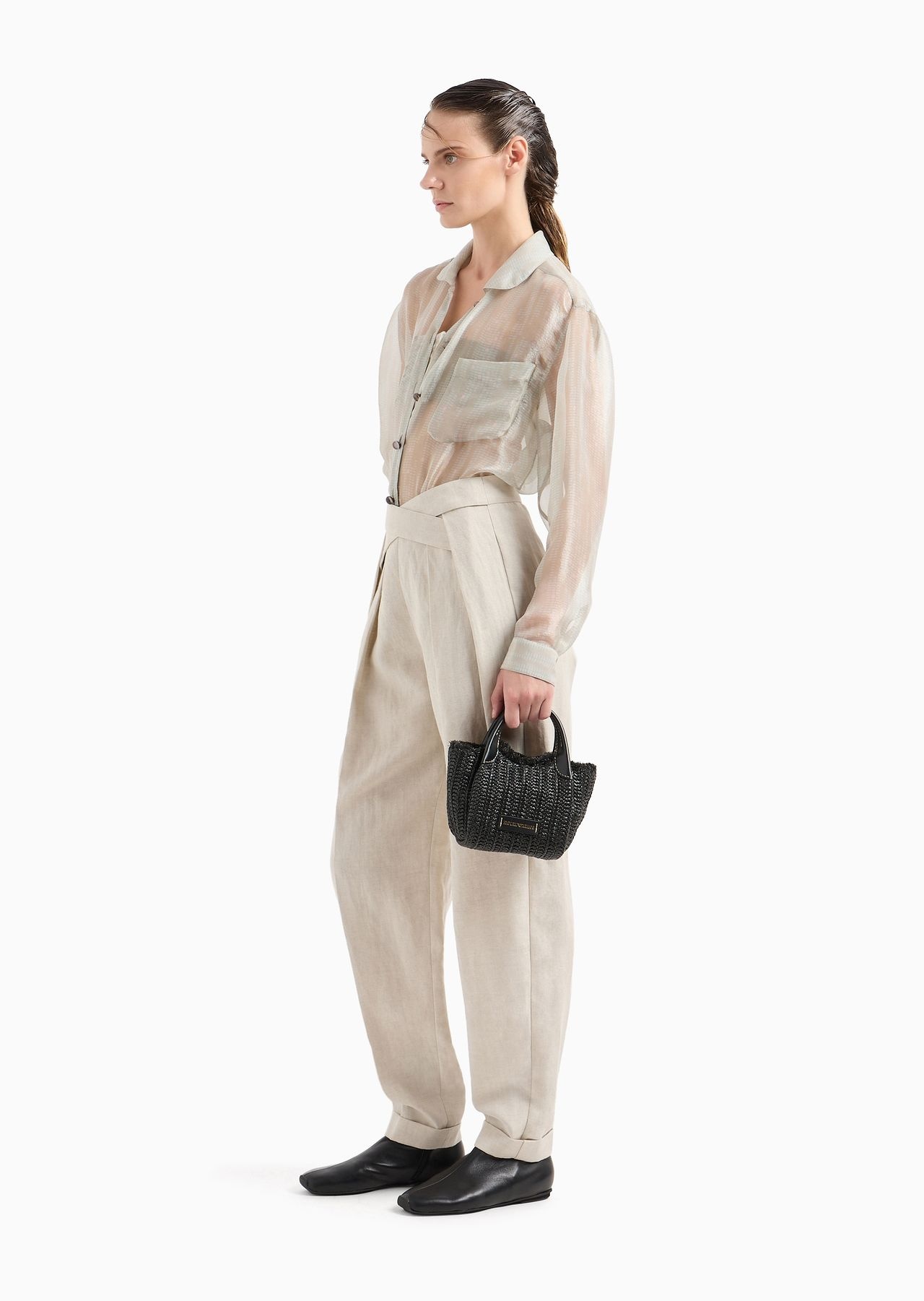 Linen-blend panama fabric trousers with pleats and crossed detail - 3