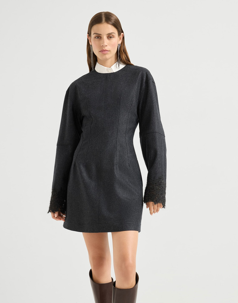 Virgin wool flannel mini dress with wispy lace cuffs 1