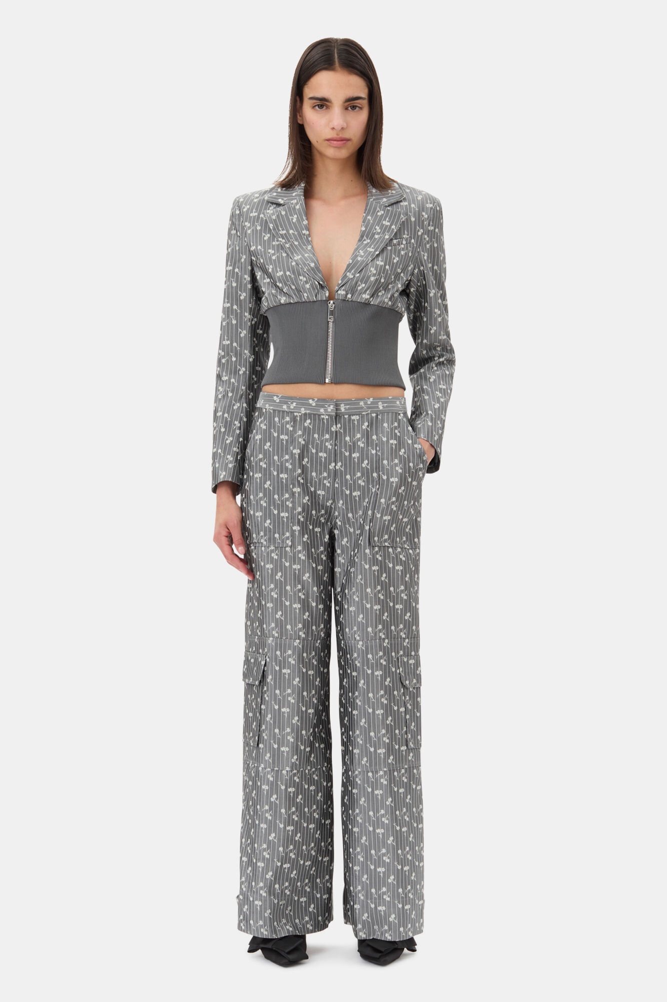GREY JACQUARD CROPPED BLAZER - 3