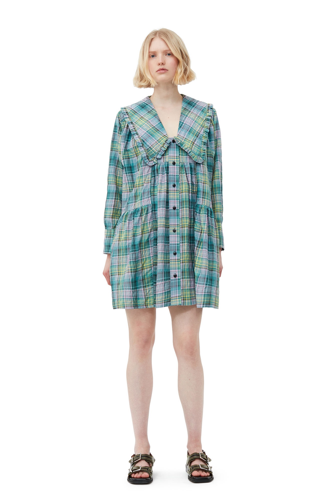 SEERSUCKER CHECK WIDE SHIRT DRESS - 4