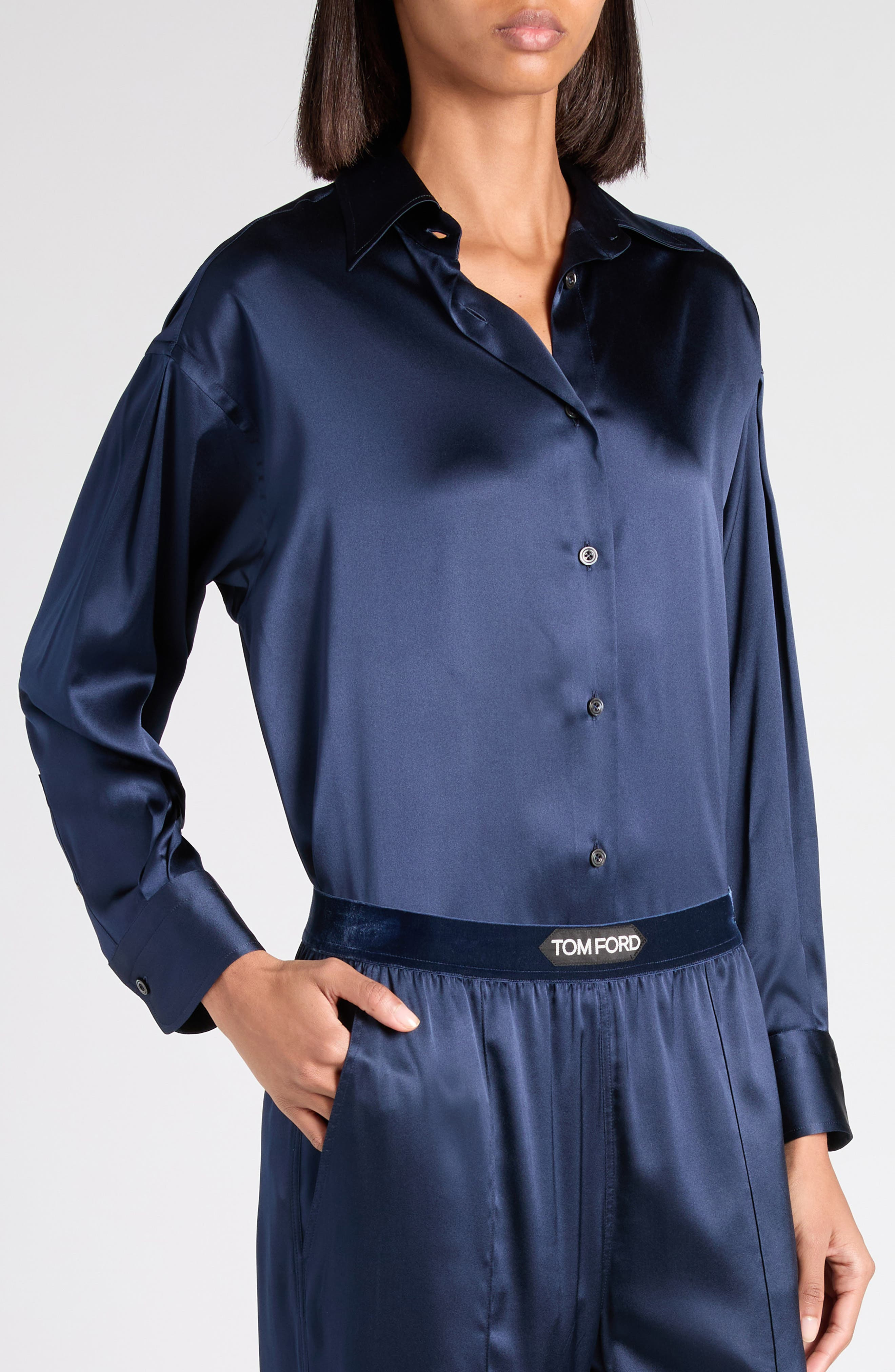 TOM FORD Relaxed Fit Stretch Silk Satin Blouse in Hb840 Dark Navy at Nordstrom - 5