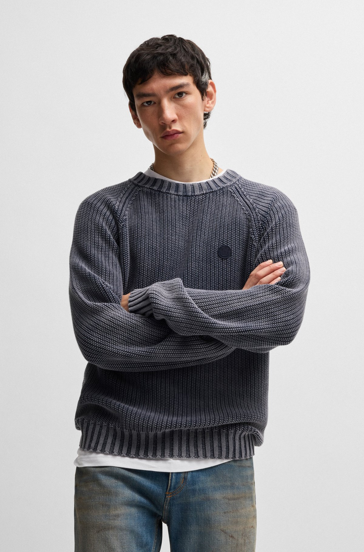RIB-KNIT COTTON SWEATER WITH HAPPY HUGO LOGO BADGE - 2