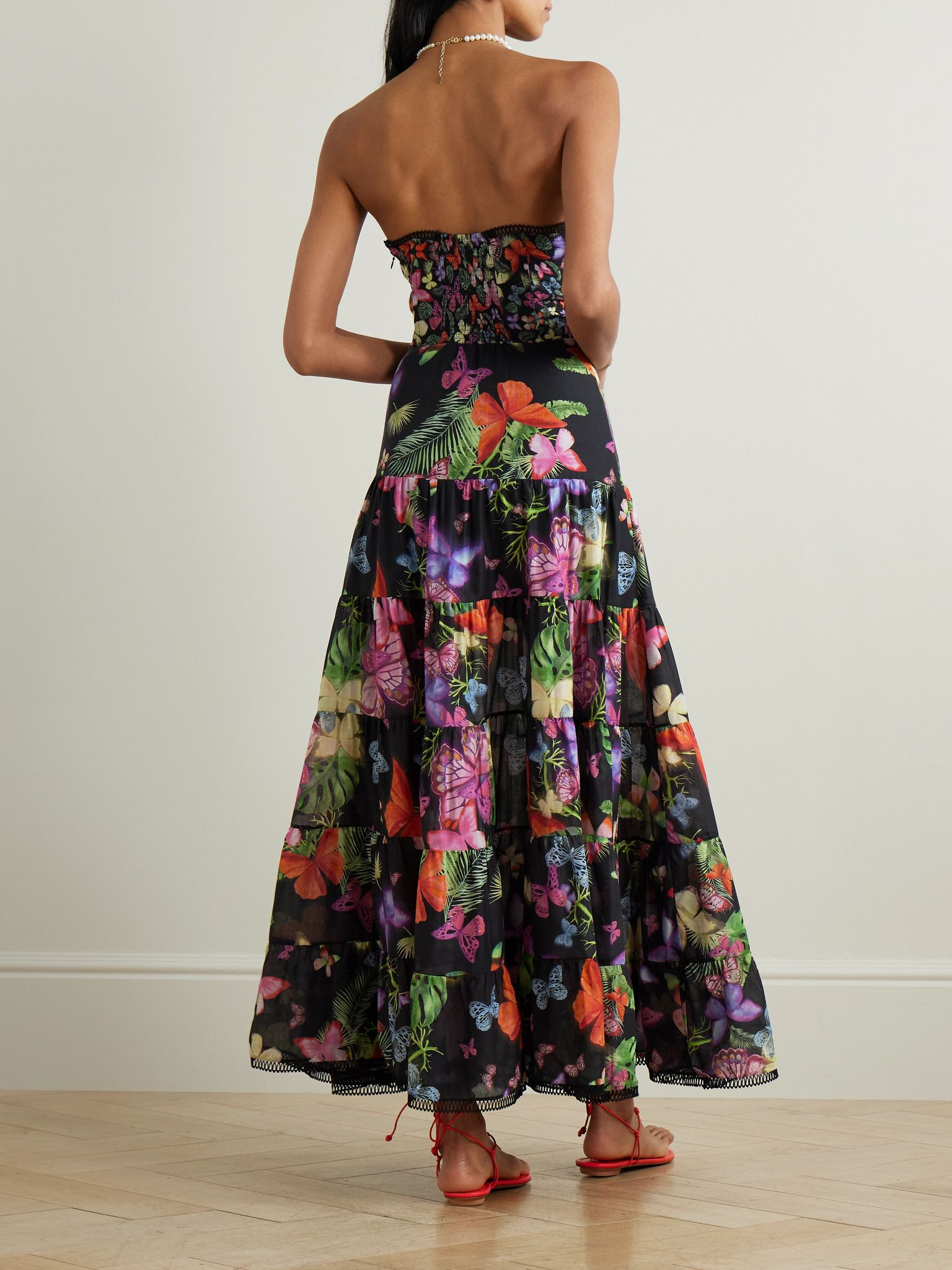 Danny strapless tiered printed cotton-blend maxi dress Black - 3