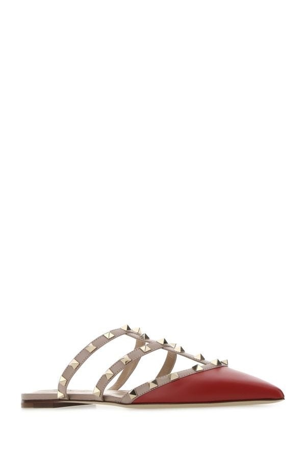 Red leather Rockstud slippers - 2