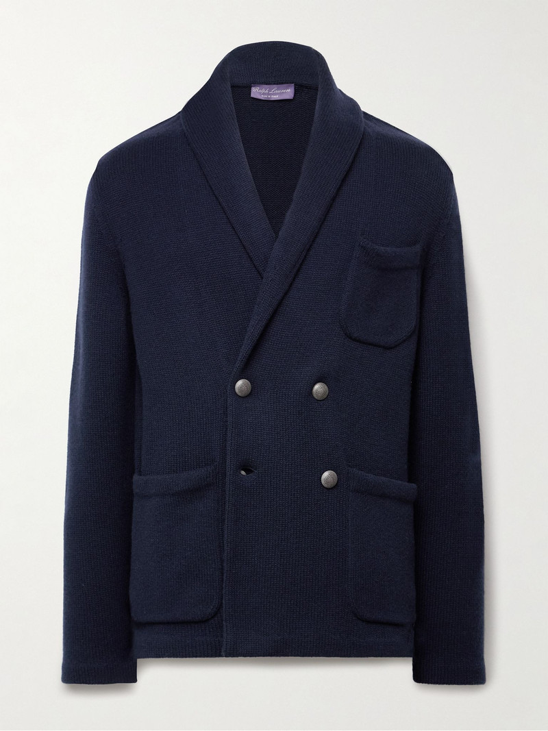 Double-Breasted Shawl-Collar Cashmere Cardigan Blue - 1