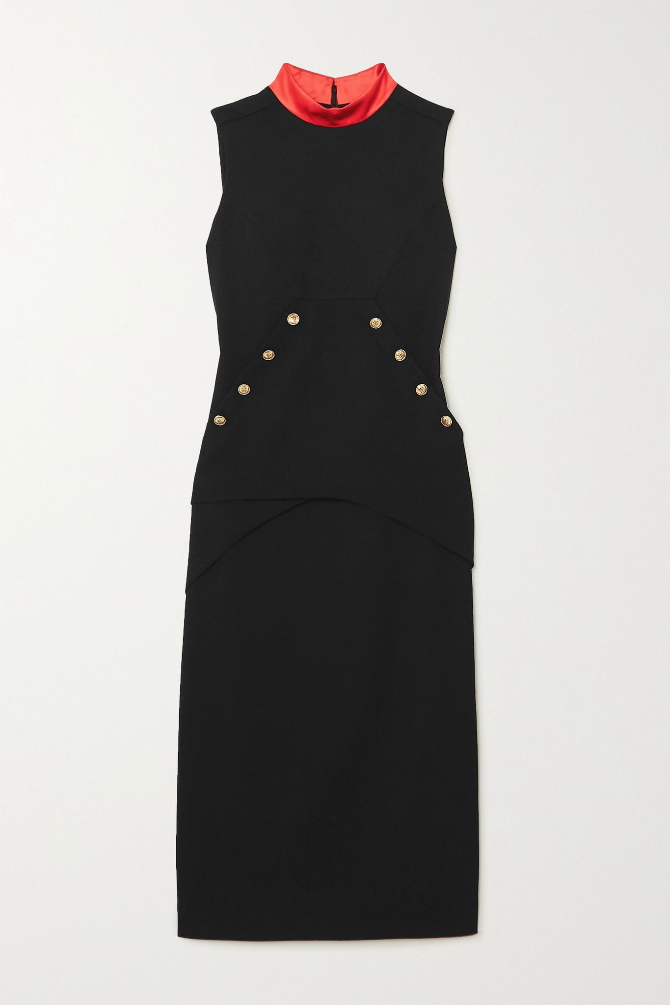 Button-embellished satin-trimmed wool-crepe midi dress - 1