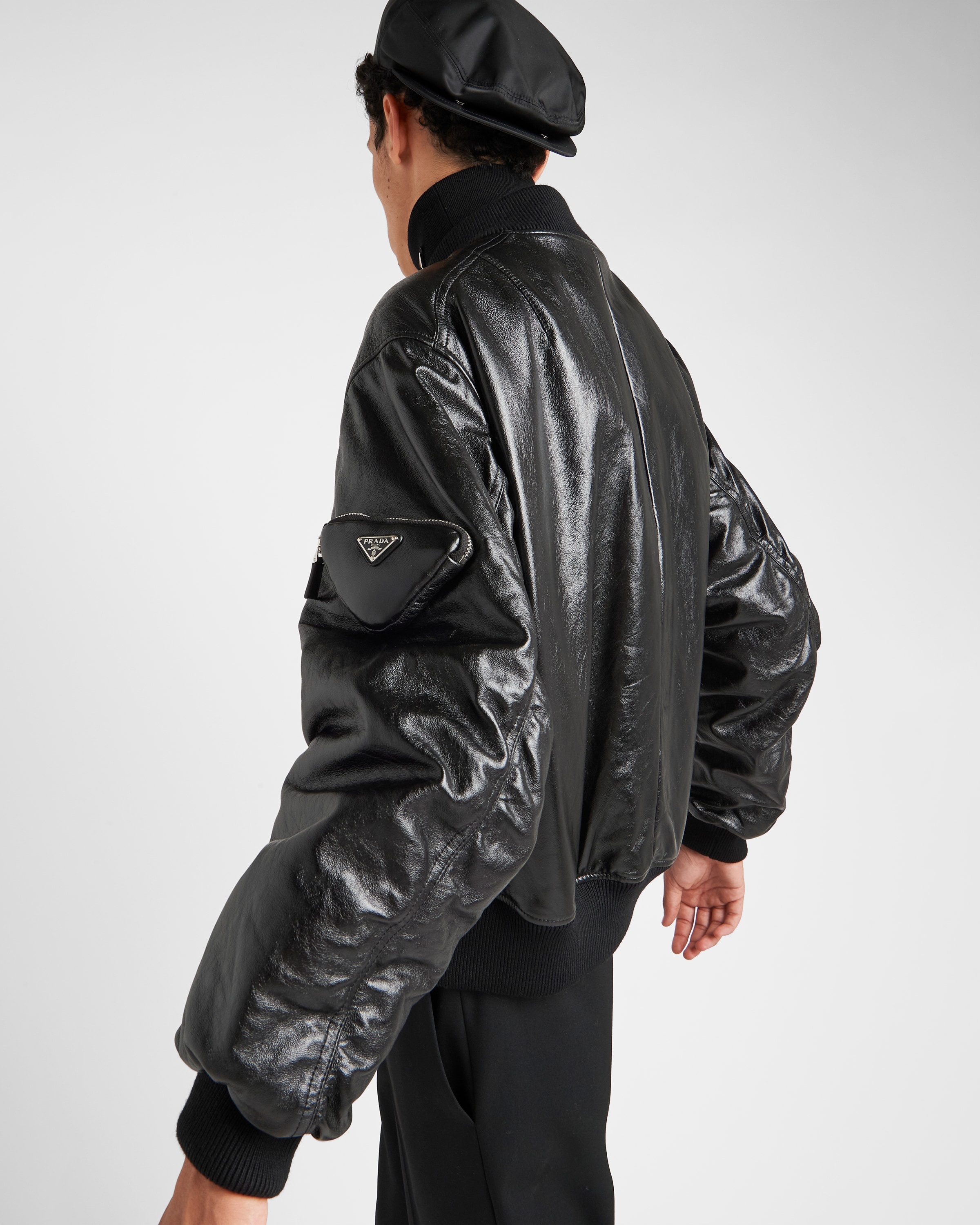 Reversible nappa leather and Re-Nylon bomber jacket