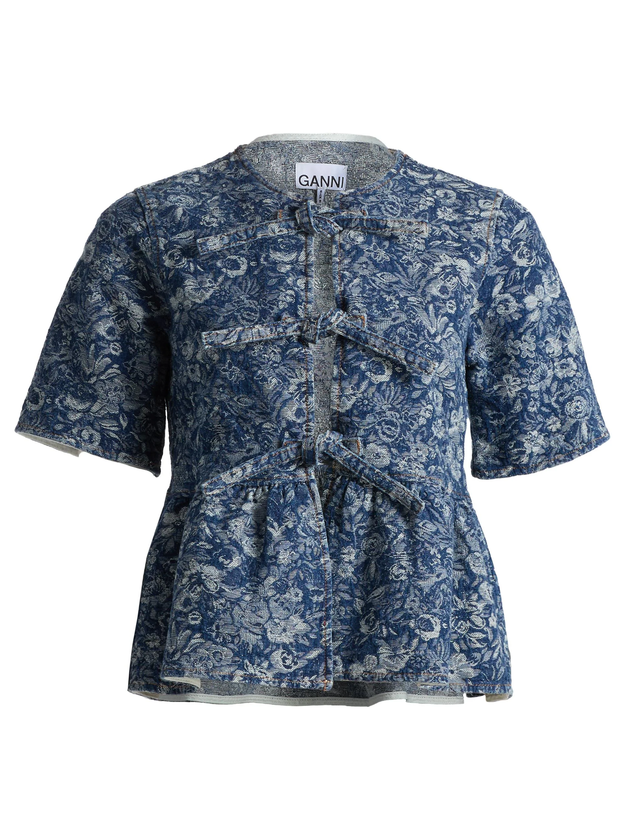 Women's Tapestry Denim Peplum Blouse - Mid Blue Stone - 1