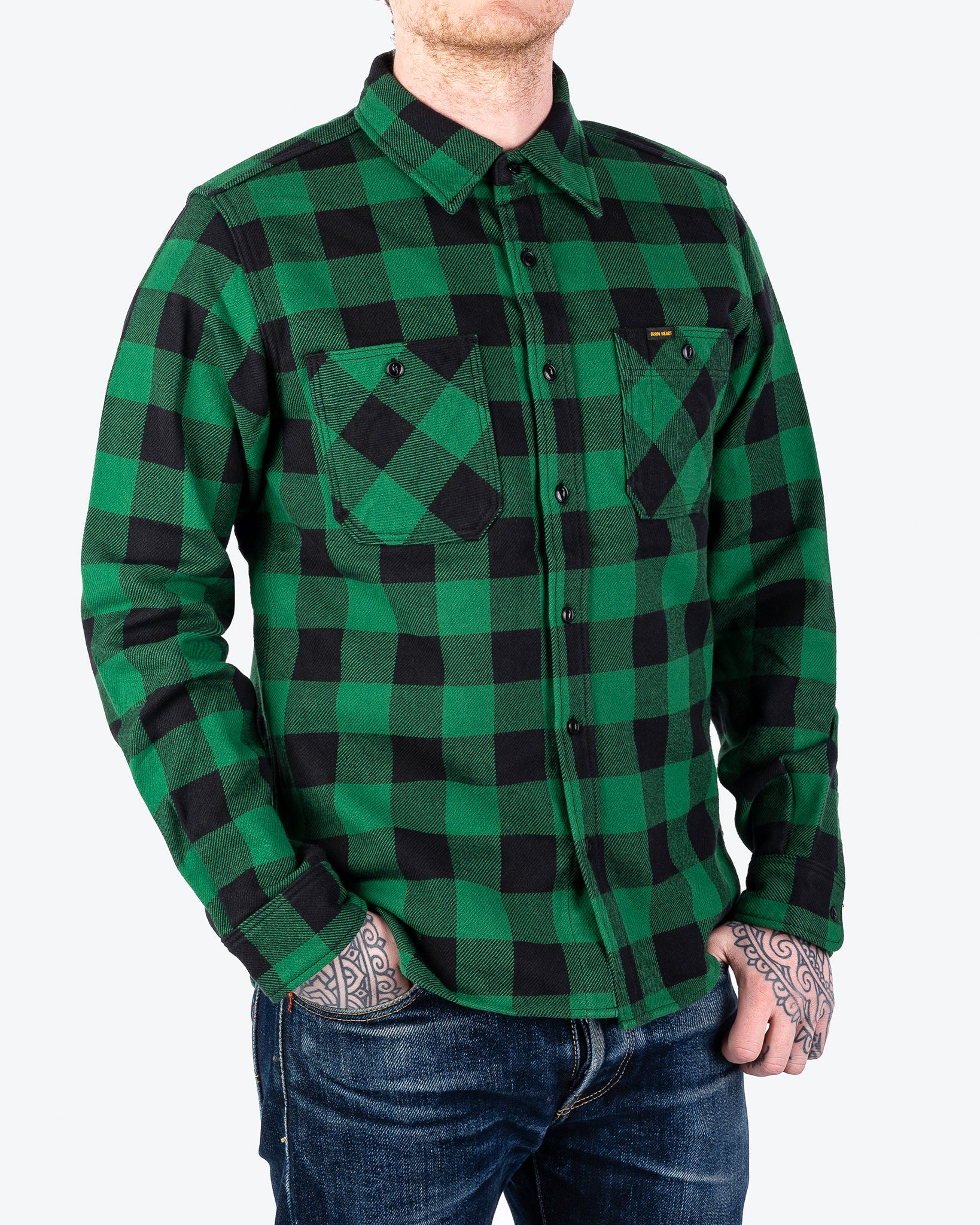 IHSH-244-GRN Ultra Heavy Flannel Buffalo Check Work Shirt - Green/Black - 2