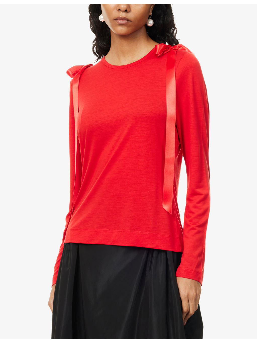 Bow-Ribbon Long-Sleeves Woven T-Shirt - 3