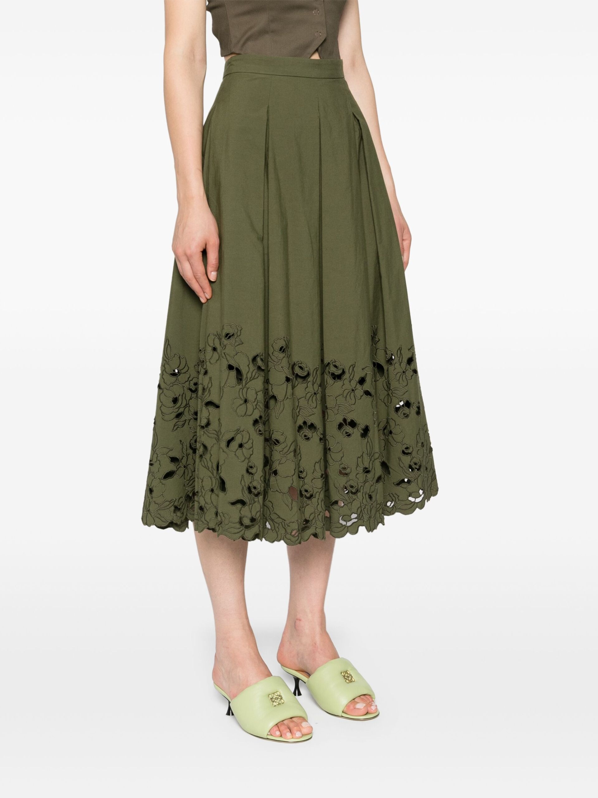 Green Floral-Embroidered Midi Skirt - 3