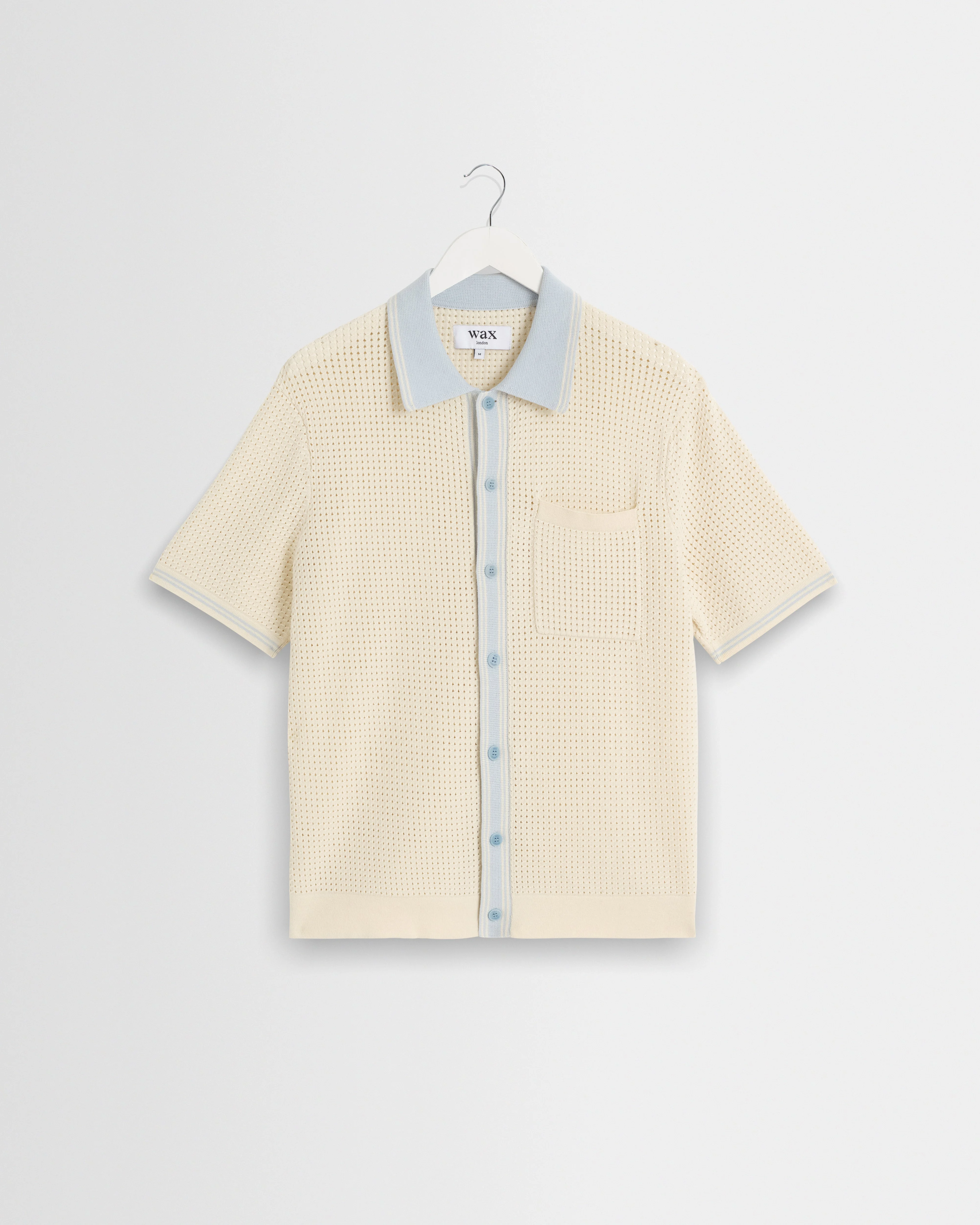 Belle - Ecru Blue Tipped Pointelle Polo Shirt - 1