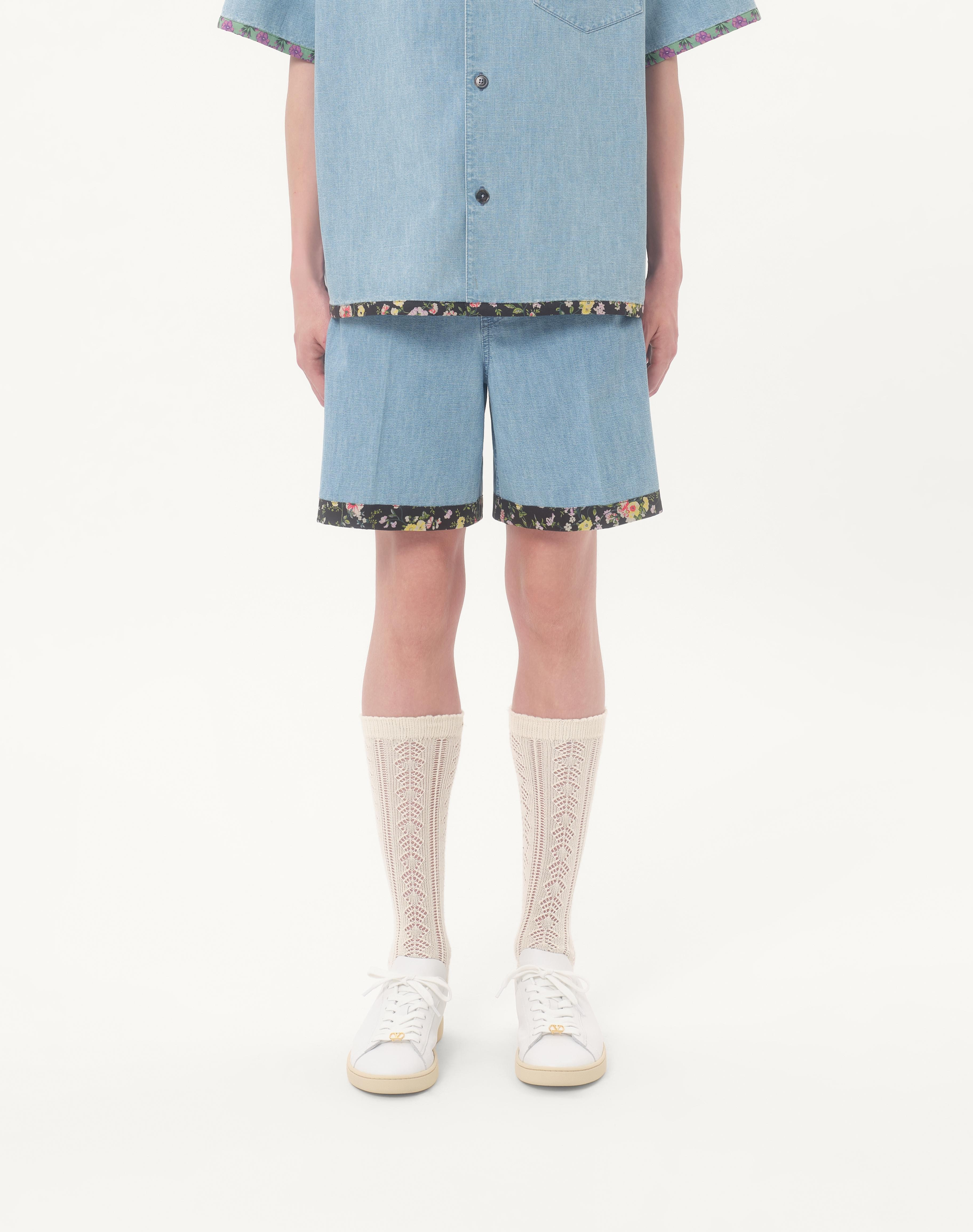 DENIM BERMUDA SHORTS WITH FLORAL PRINT HEM - 3