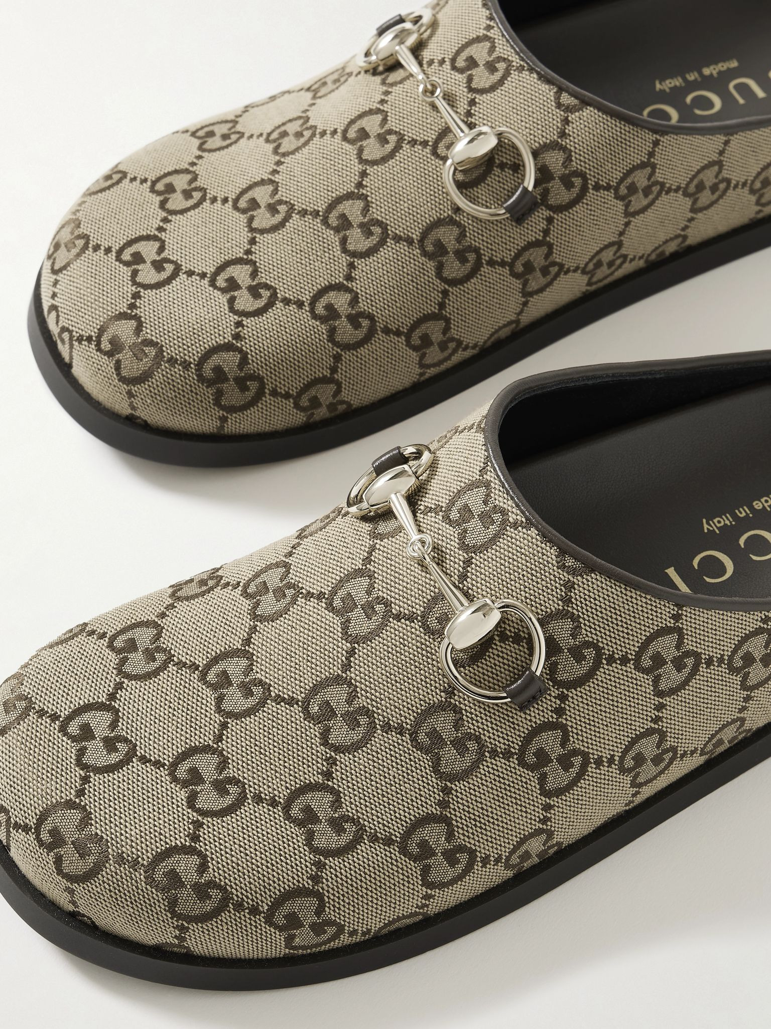 New Sol horsebit-detailed leather-trimmed canvas-jacquard slippers Beige - 4