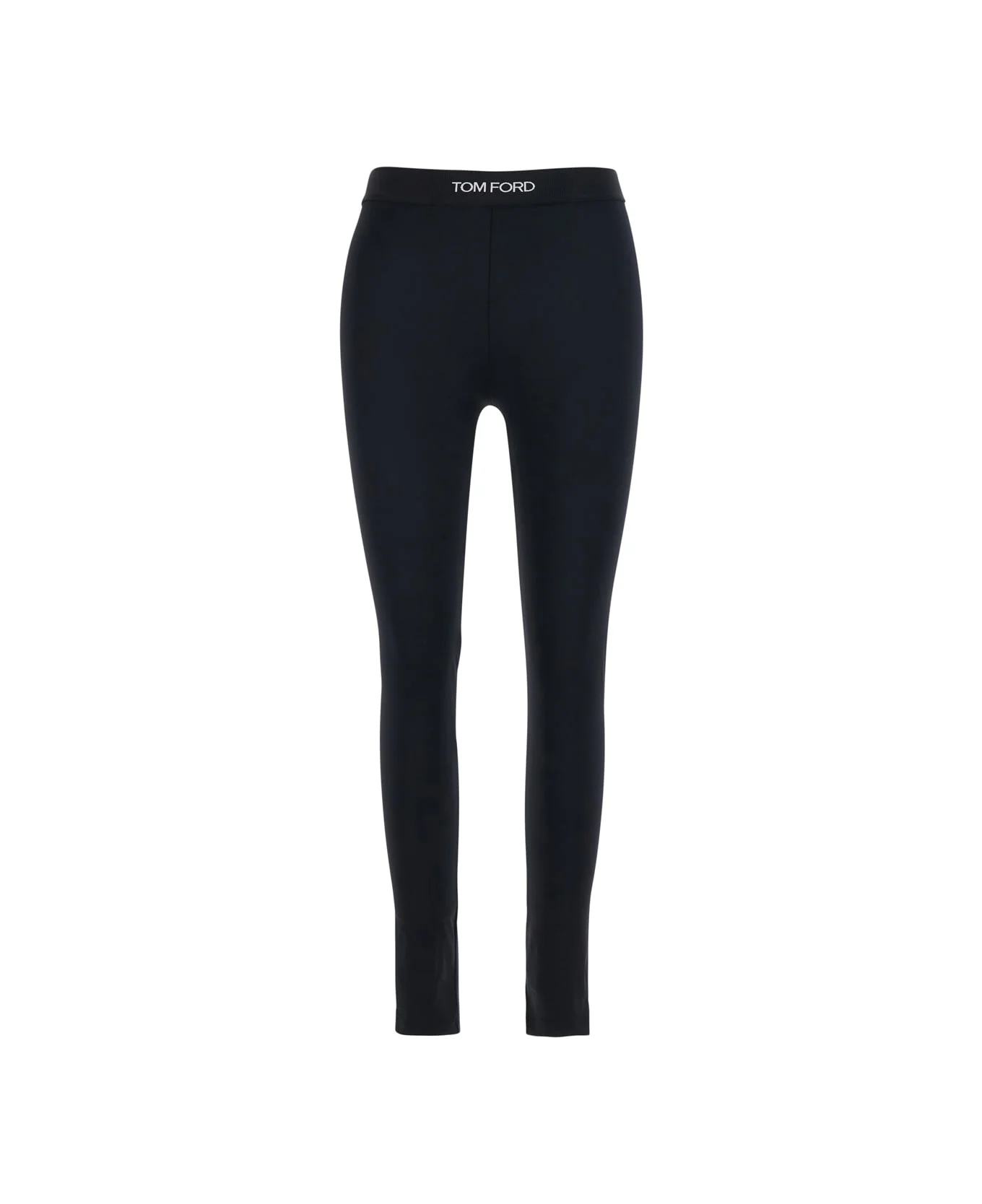 Black Leggings With Logo Lettering On The Waist In Tech Fabric Stretch Woman - 1
