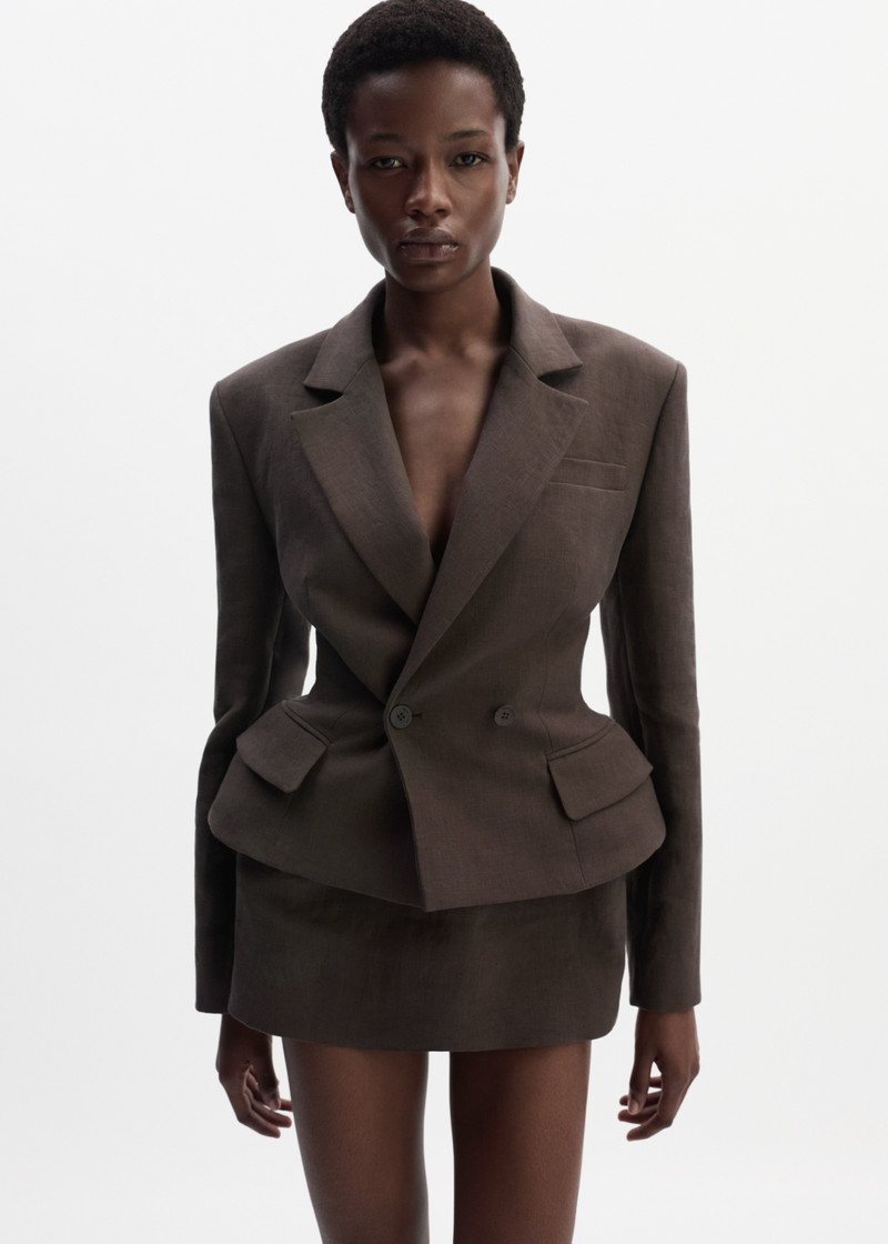 MAGDA BUTRYM Fitted linen double breasted blazer in brown outlook