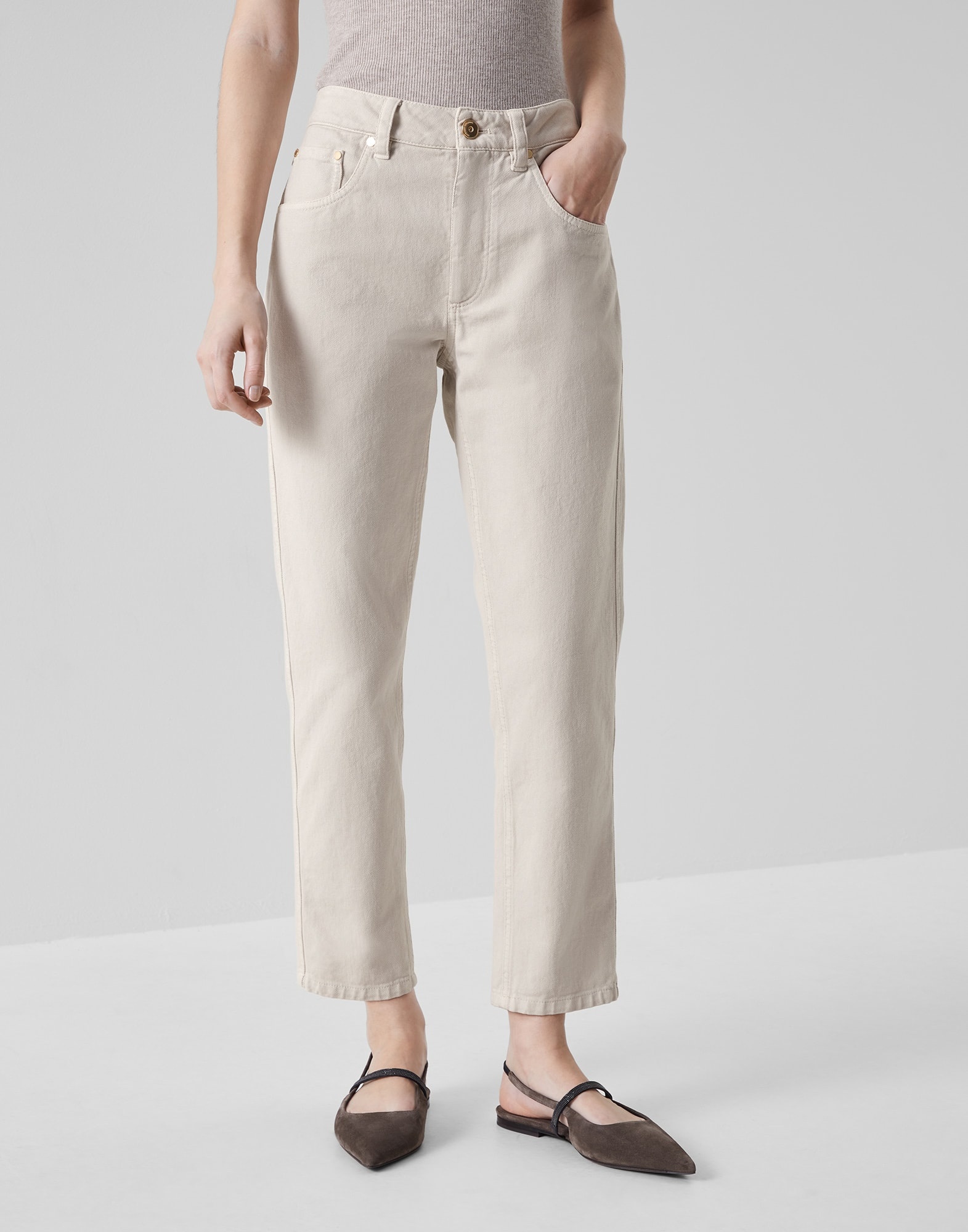 Stretch dyed denim straight trousers with shiny bartack - 1