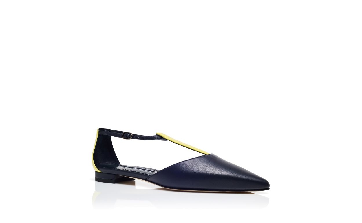 Navy Blue and Yellow Nappa Leather Flat Pumps - 3
