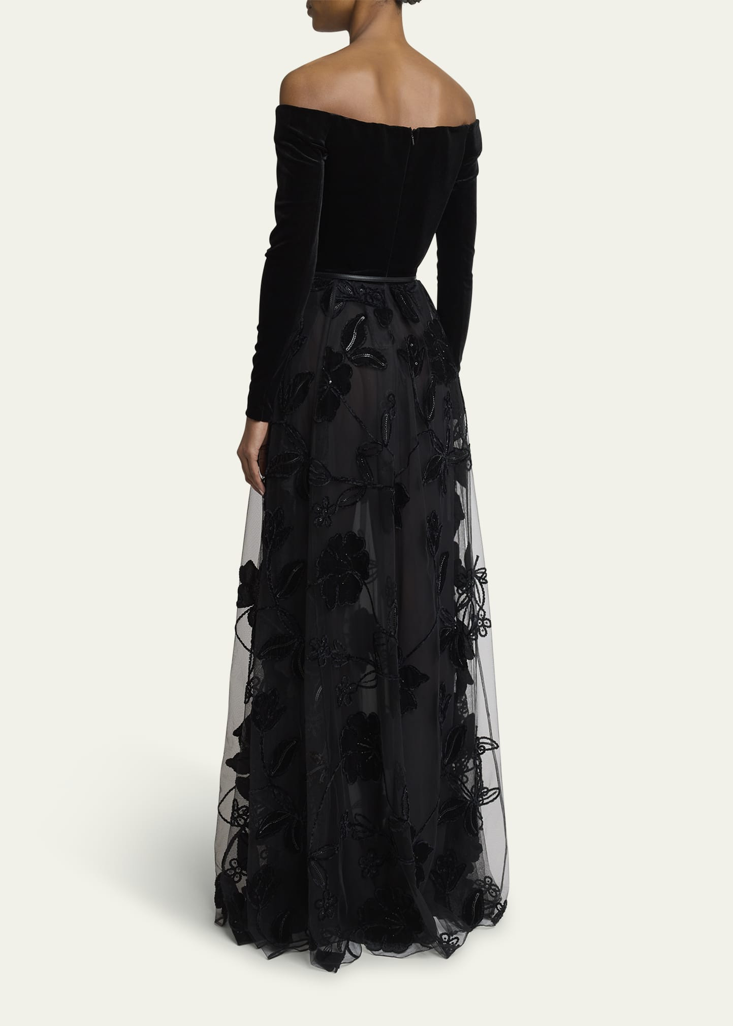 Off-The-Shoulder Velvet Sequined Tulle Gown - 3