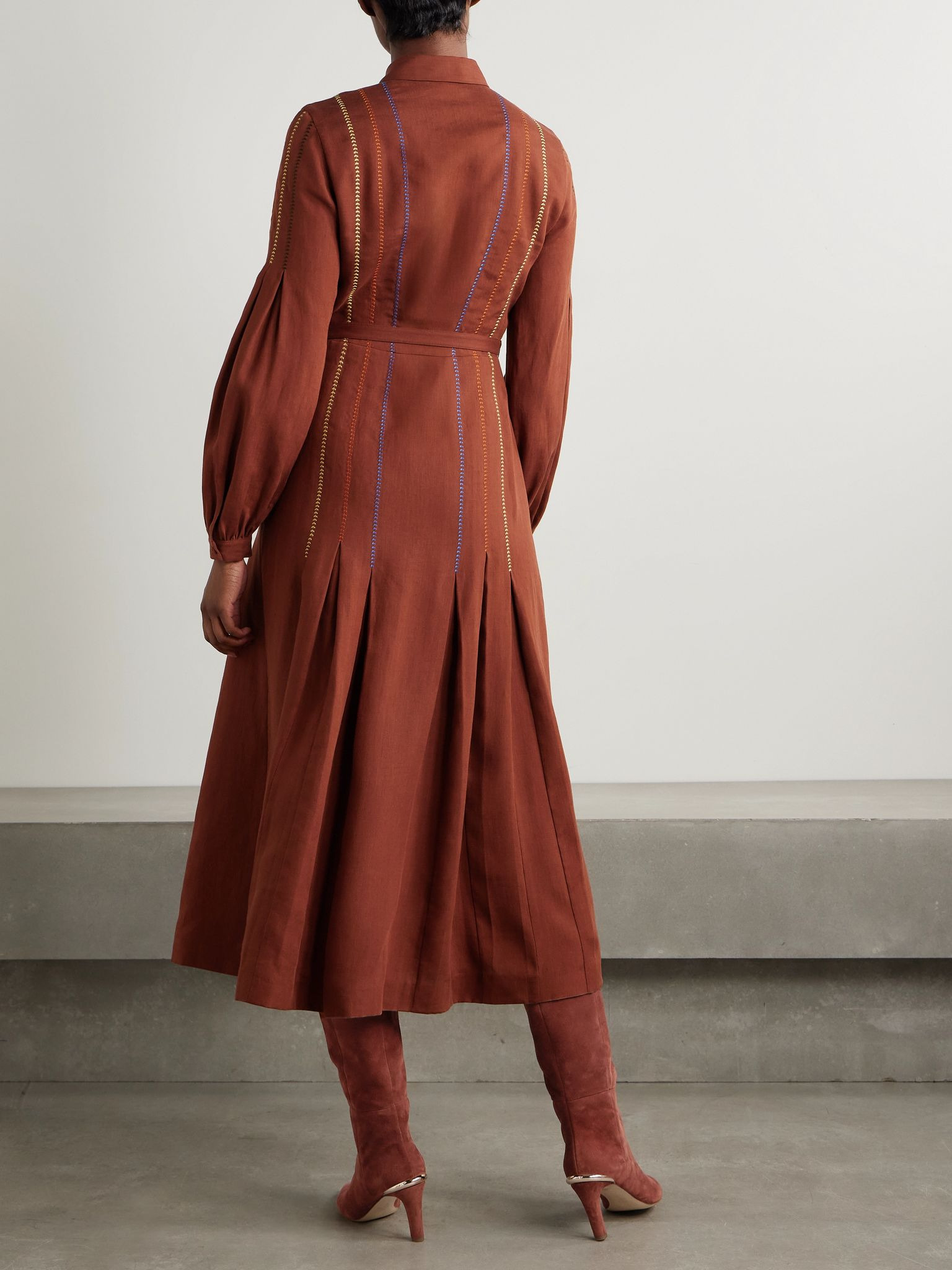 Aleka belted embroidered linen midi shirt dress Burgundy - 3