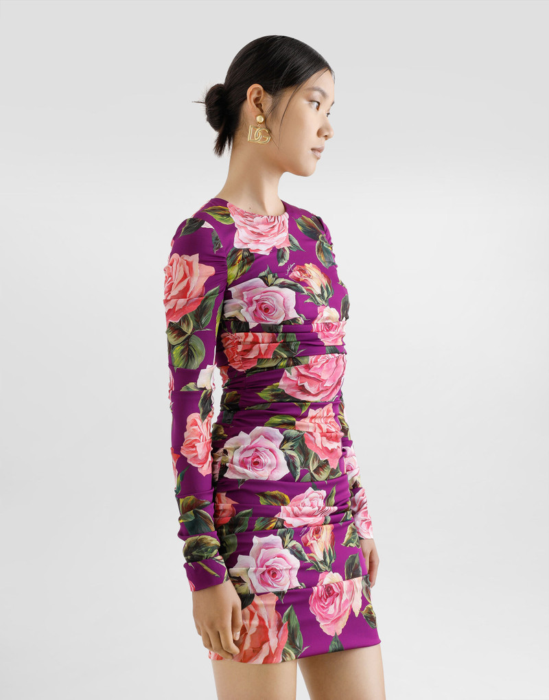 Charmeuse midi sheath dress with draping and rose print 4