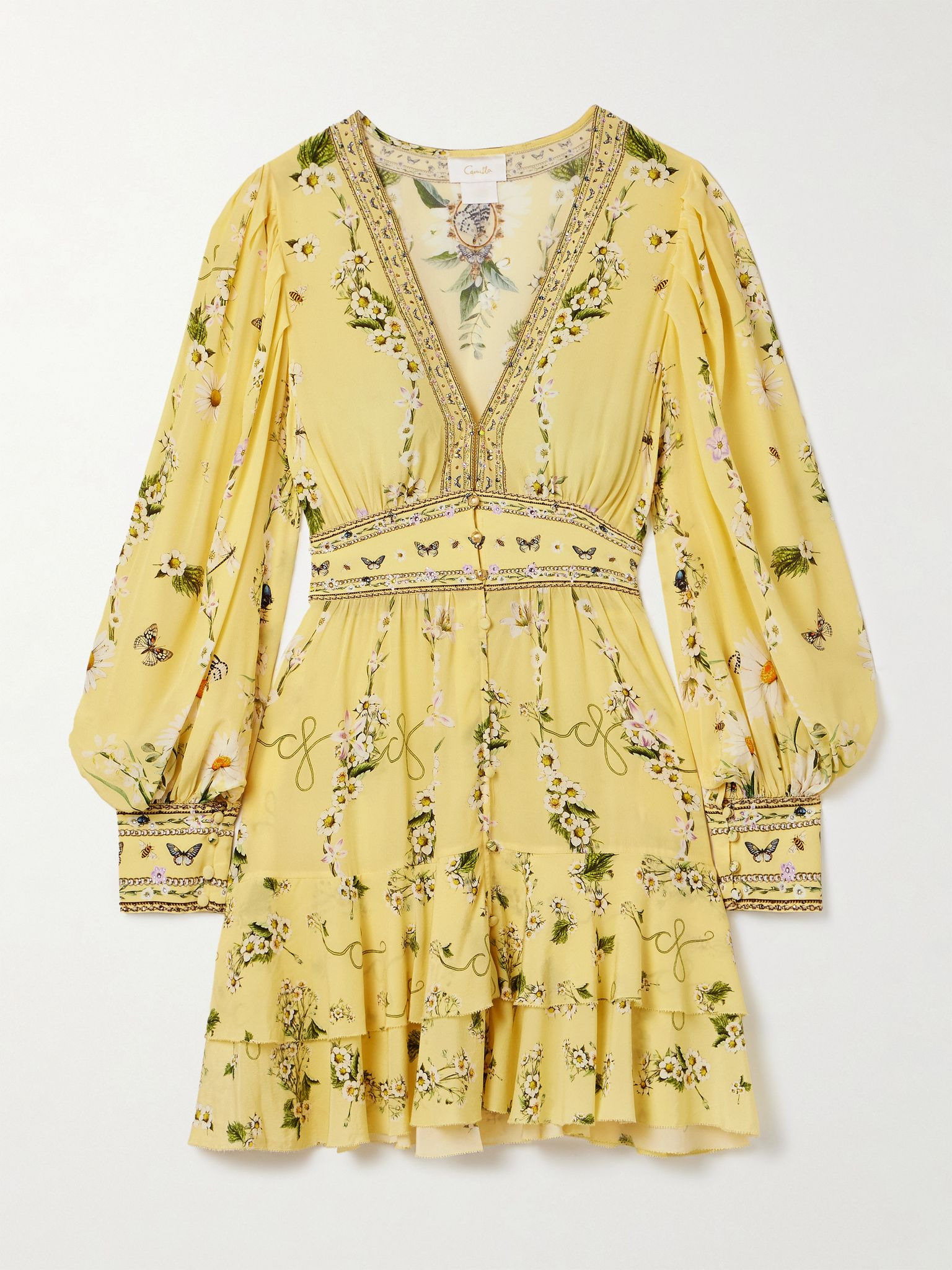 Crystal-embellished printed silk crepe de chine mini dress Yellow - 1