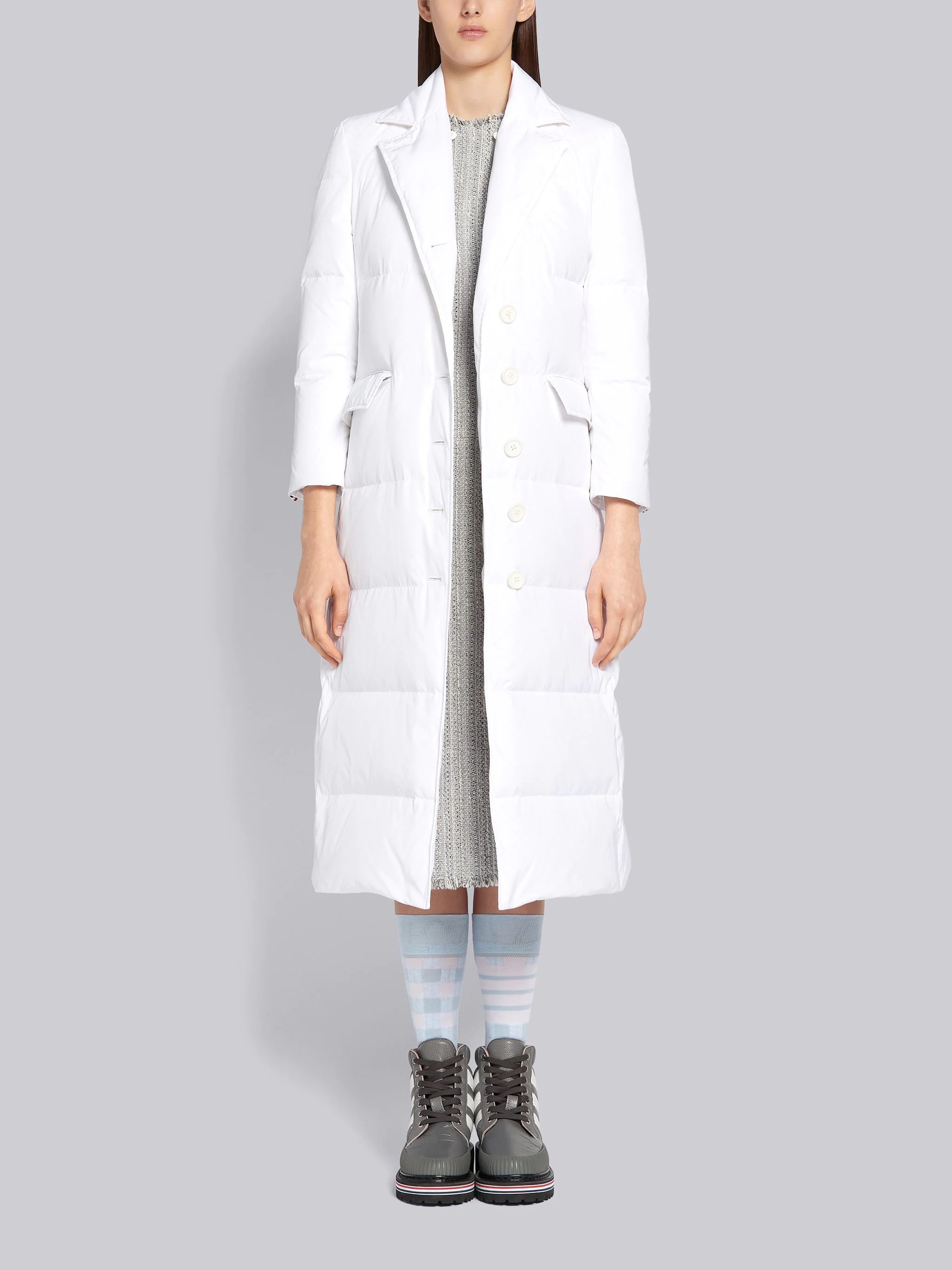 White Down Filled Poly Twill Center Back Stripe Wide Lapel Removable Hood Overcoat - 3