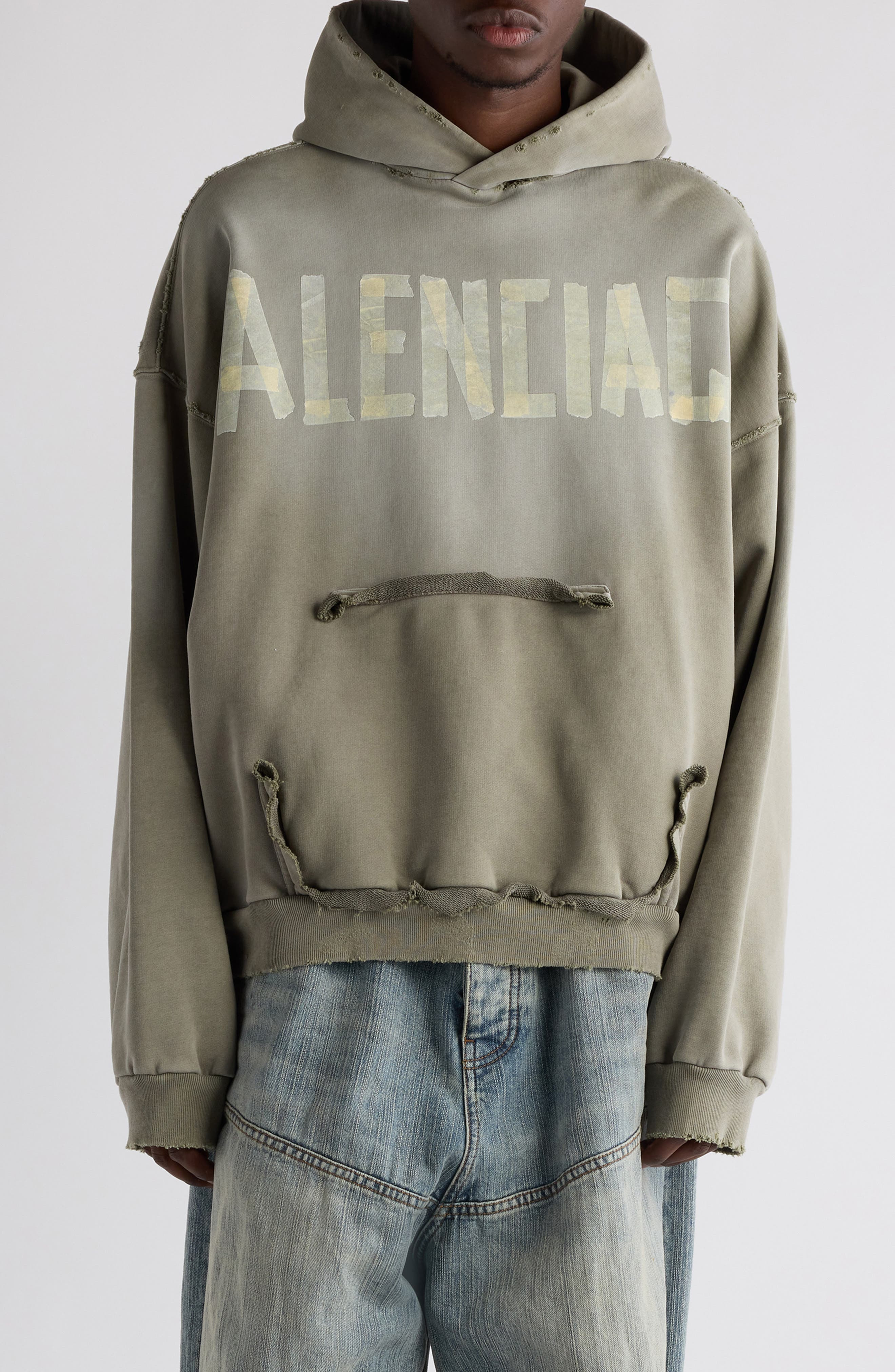 Balenciaga Tape Type Ripped Pocket Large Fit Fleece Hoodie in 2942 Army Green at Nordstrom - 1