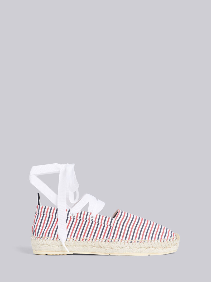 Multicolor Cotton Seersucker Stripe Removable Ankle Tie Espadrille - 1