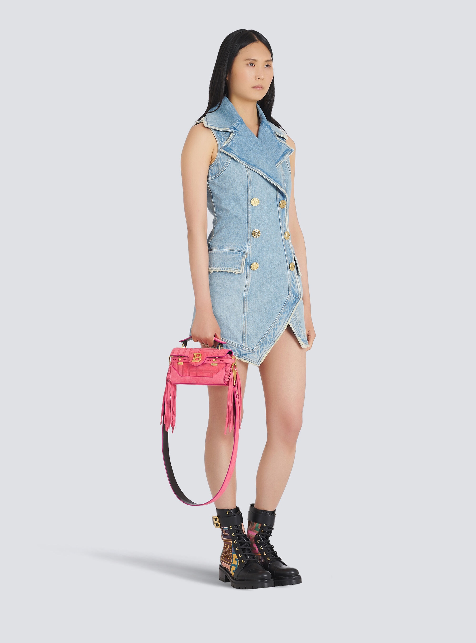 Debossed suede B-Buzz 19 bag with fringe - 2